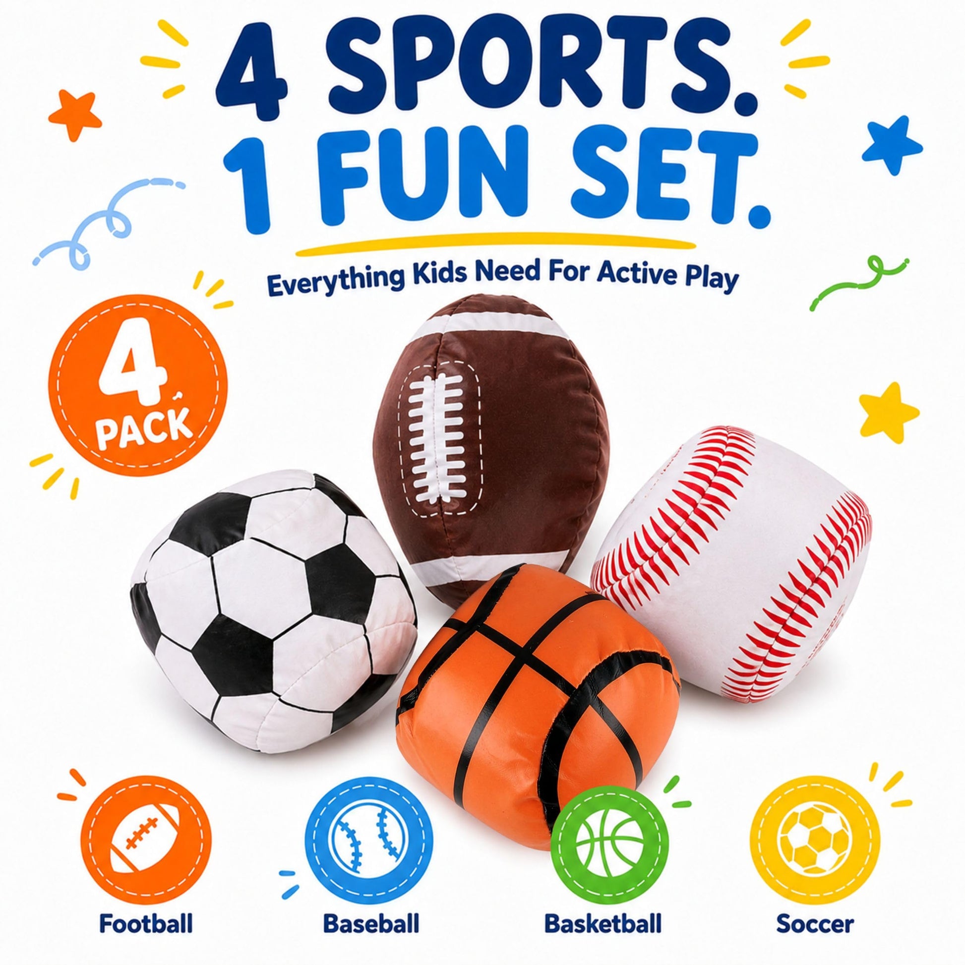 Liberty Imports 4 Pk Soft Stuffed PU Sports Balls for Kids, Toddlers - Football Baseball Basketball Soccer