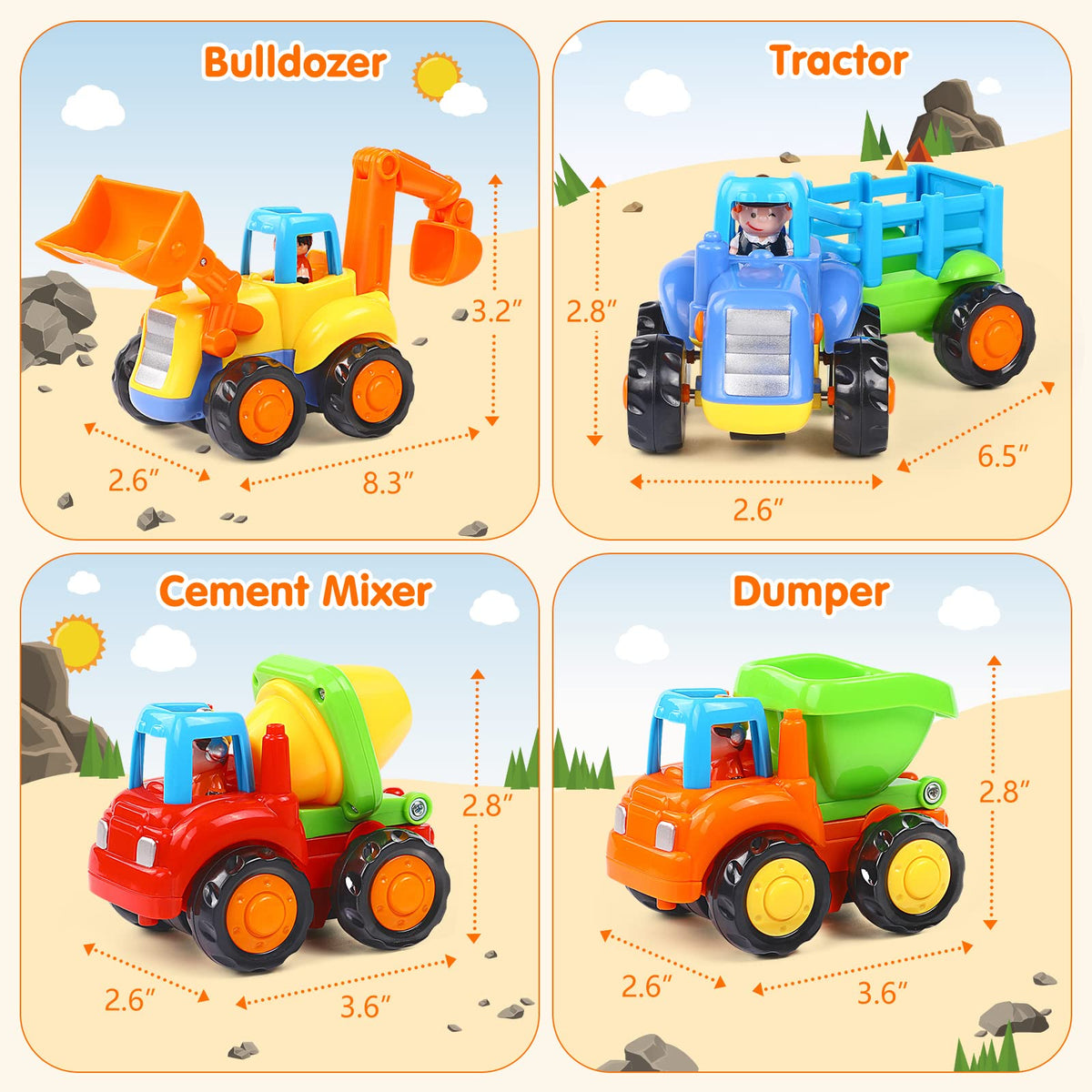 ORWINE Inertia Toy Early Educational Toddler Baby Toy Friction Powered Cars Push and Go Cars Tractor Bulldozer Dumper Cement Mixer Engineering