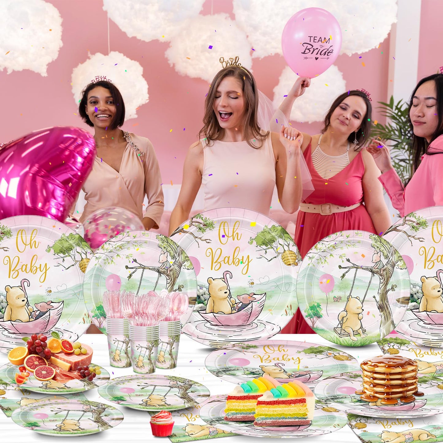 168pcs Classic Winnie Bear Baby Shower Paper Plates Napkin Party Supplies Girl Baby Shower Decorations Disposable Cutlery Tableware Set Serve 24