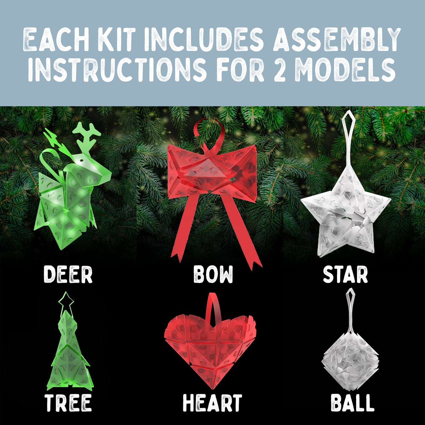 Creatto Holiday Classics - Dashing Reindeer, Shining Star, Festive Bow Light-Up 3D Puzzle Kits | 12-piece Gift Set | Party Favors, Stocking Stuffers