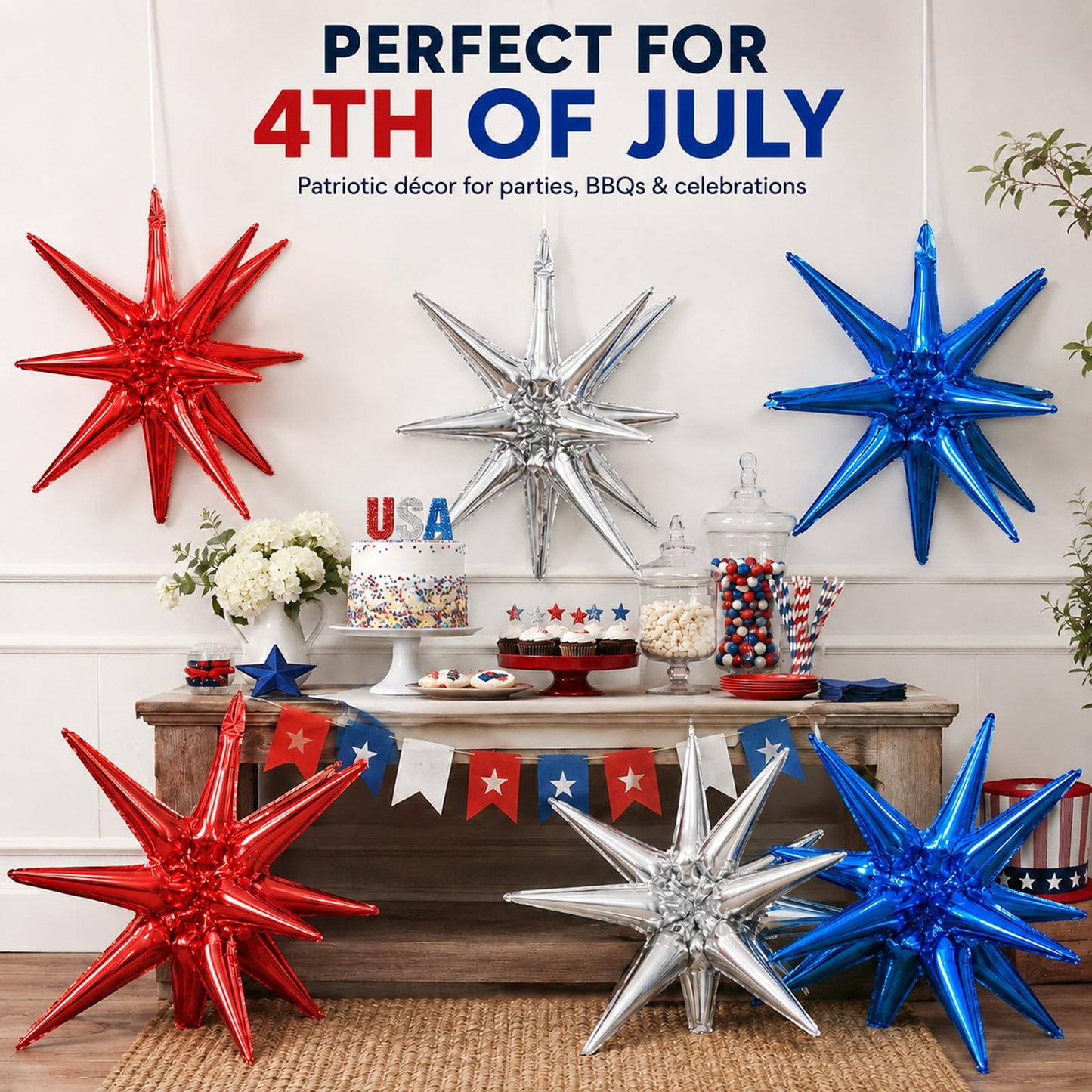 6 Pieces 27 Inches Red White Blue Star Explosion Balloons, Large 14-Pointed One-Piece Cone Stars Fireworks Aluminum Foil Balloons for 4th of July