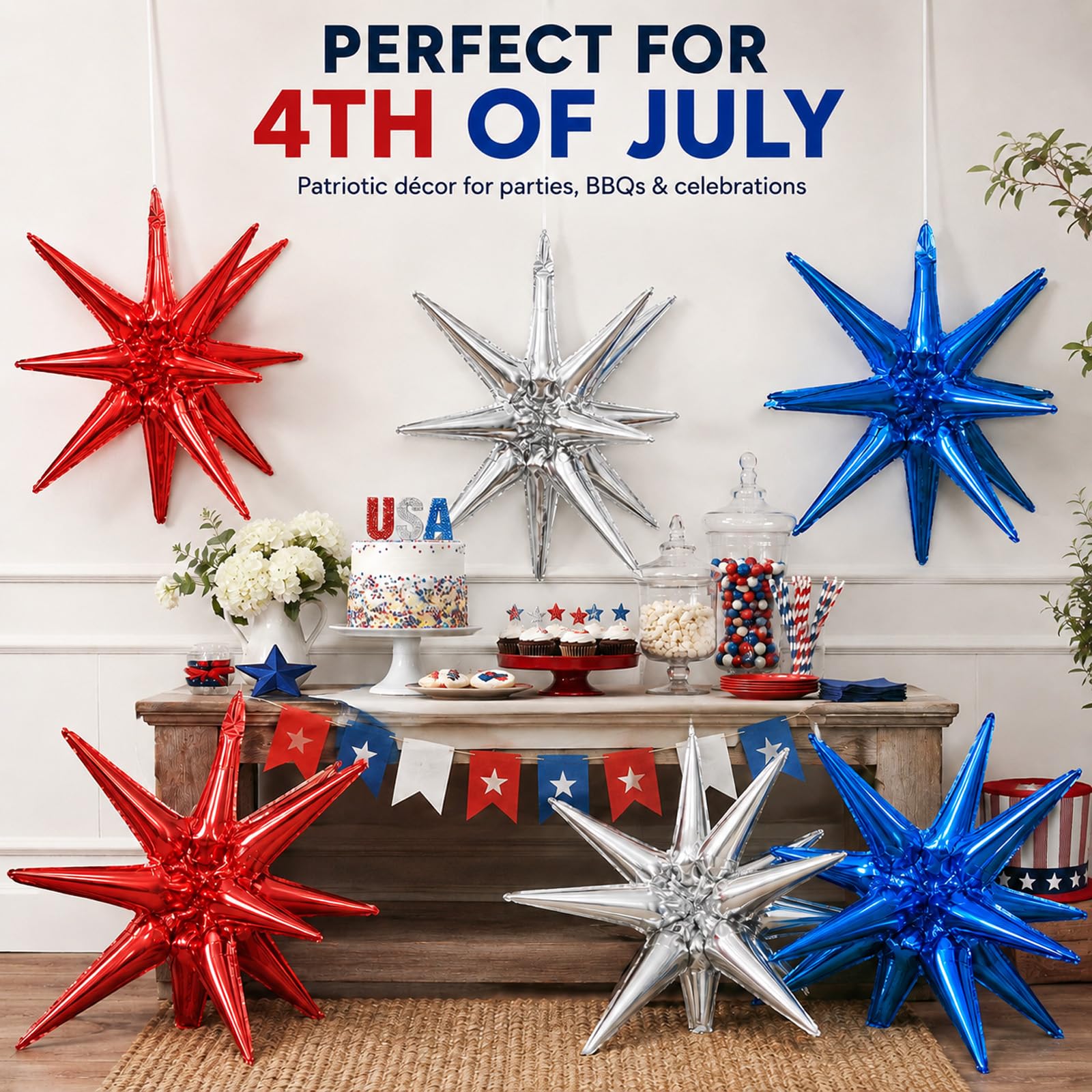 6 Pieces 27 Inches Red White Blue Star Explosion Balloons, Large 14-Pointed One-Piece Cone Stars Fireworks Aluminum Foil Balloons for 4th of July