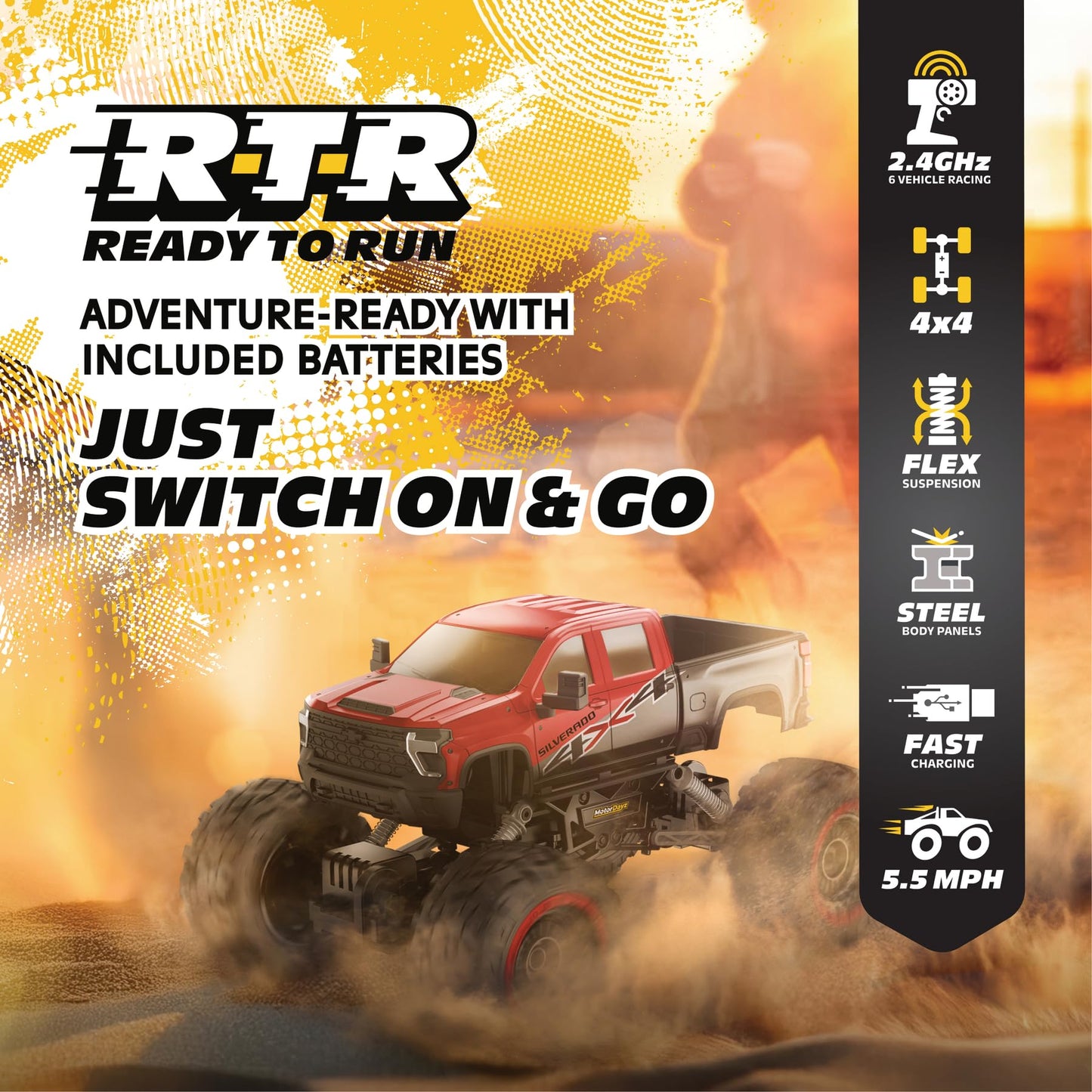 Motor Dayz RC 4WD Heavy Metal Chevrolet Silverado Truck - 1:14 Scale Remote Control Car, Stamped Metal Body, 2.4GHz Full-Function Radio Control, USB