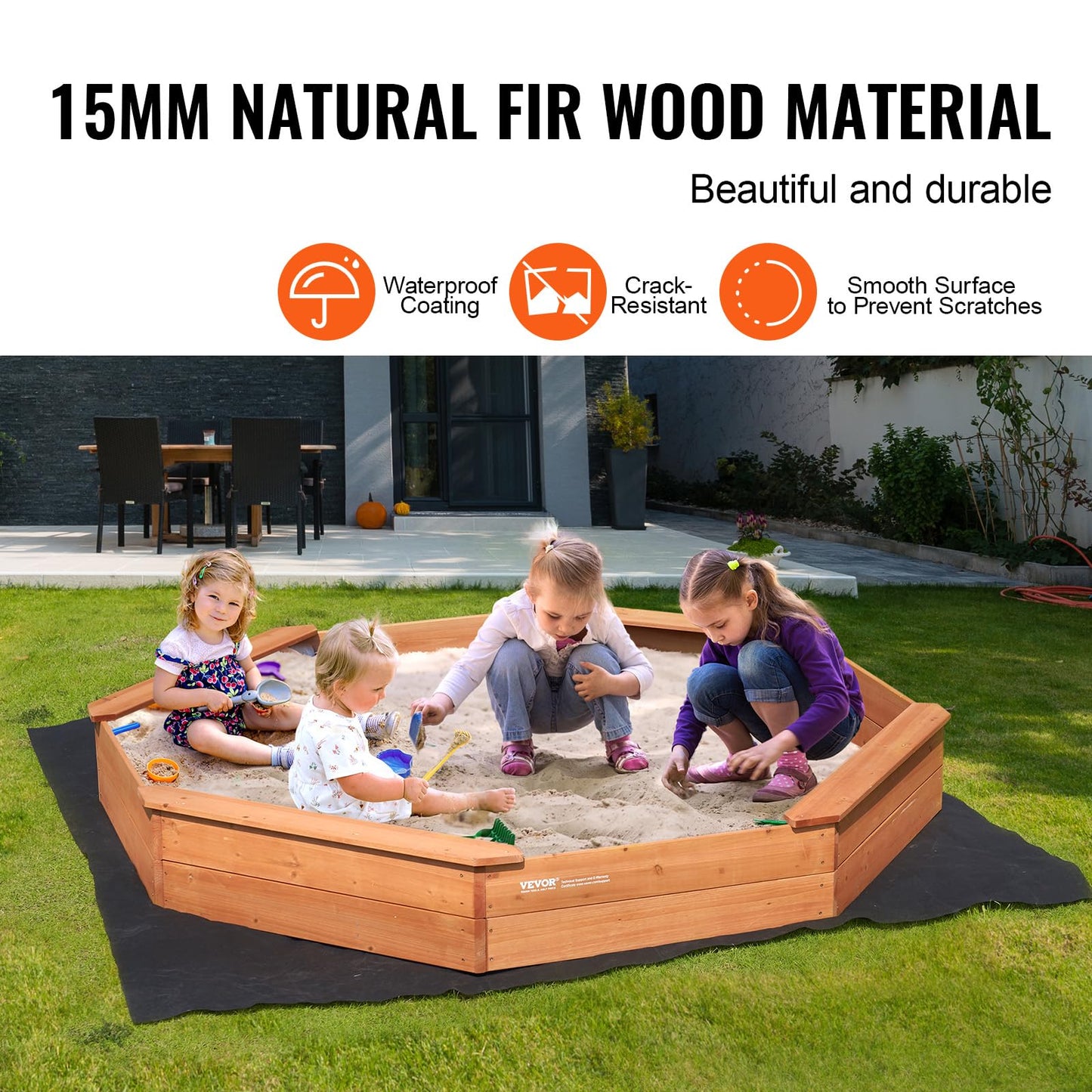 VEVOR Wooden Sandbox with Cover, 75.6''x75.6''x9.1'' Octagonal Sand Box, Sandpit with 4 Benches and Bottom Liner, Gift for Ages 3-12 Years Old