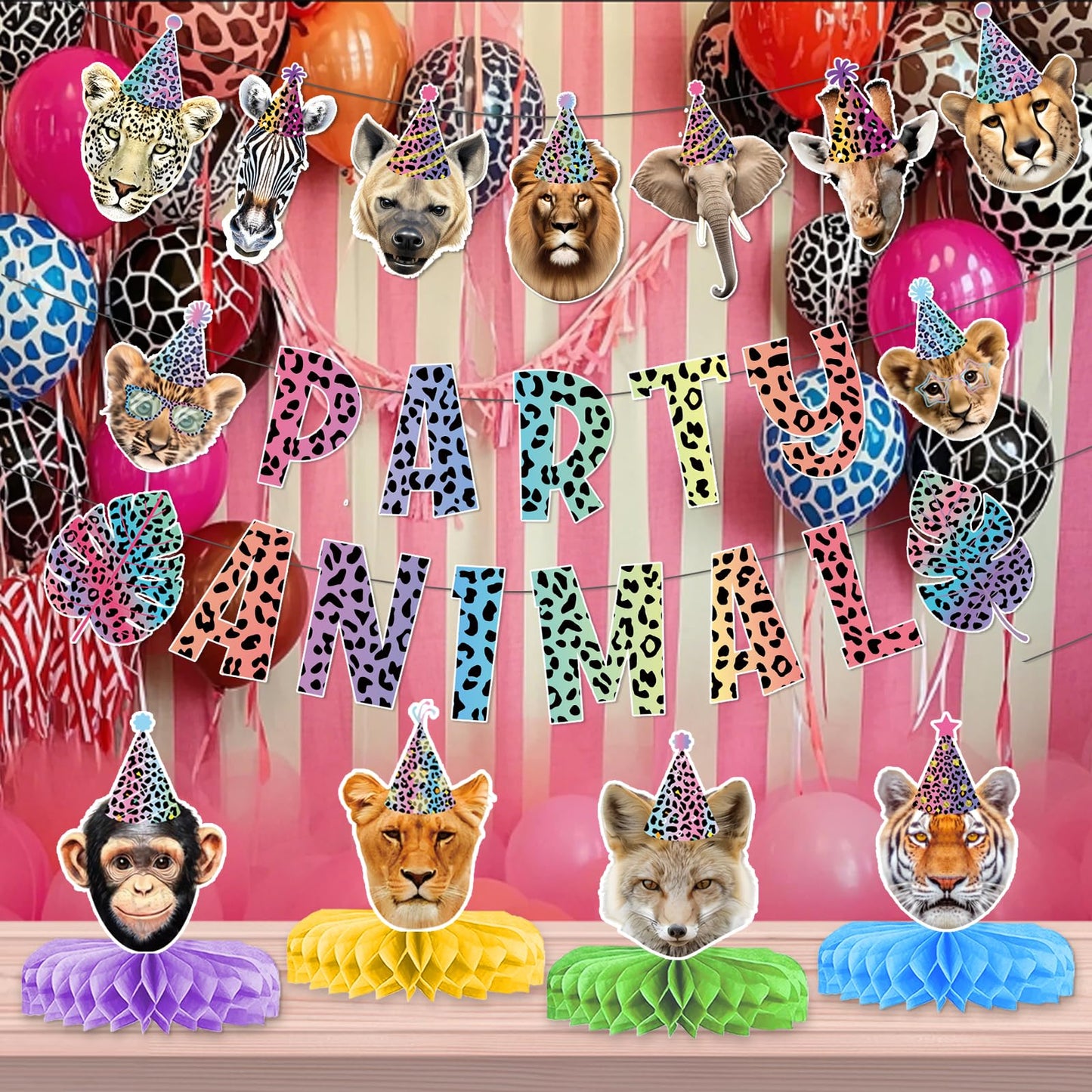 Neon Party Animal Banner Garland Centerpieces, Party Animal Birthday Decorations, Cheetah Print Party Decorations for Safari Jungle Leopard Birthday