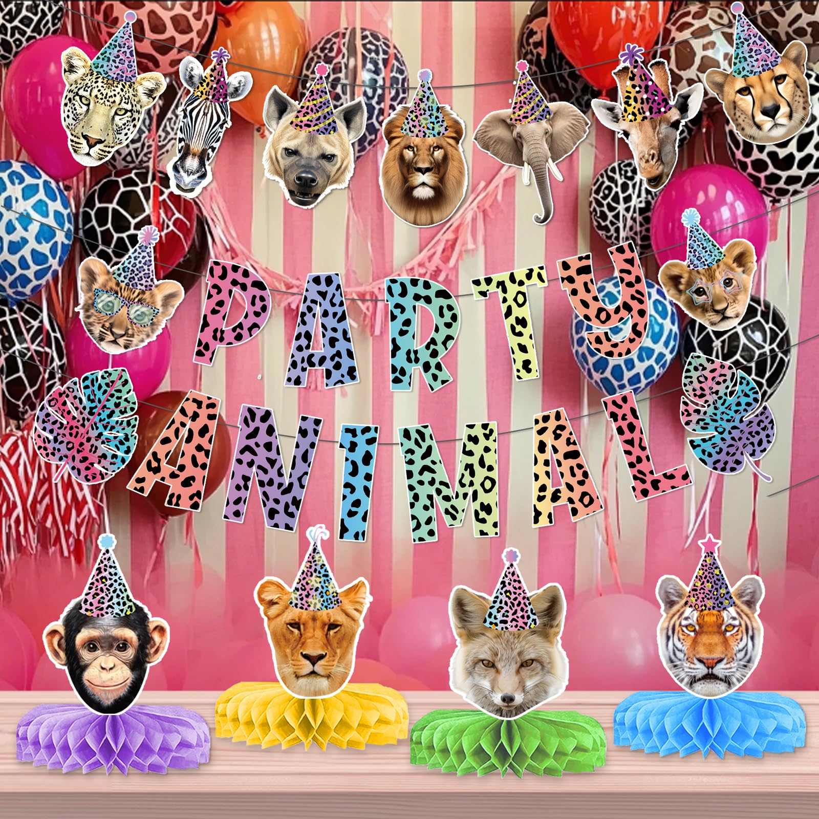 Neon Party Animal Banner Garland Centerpieces, Party Animal Birthday Decorations, Cheetah Print Party Decorations for Safari Jungle Leopard Birthday