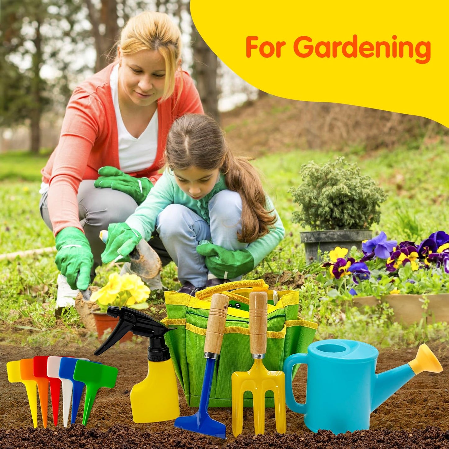 Kids Gardening Tools Set Includes Toddler Gardening Gloves, Sturdy Tote Bag, Watering Can, Shovel, Rake, Trowel, Children Apron, Garden Notebook