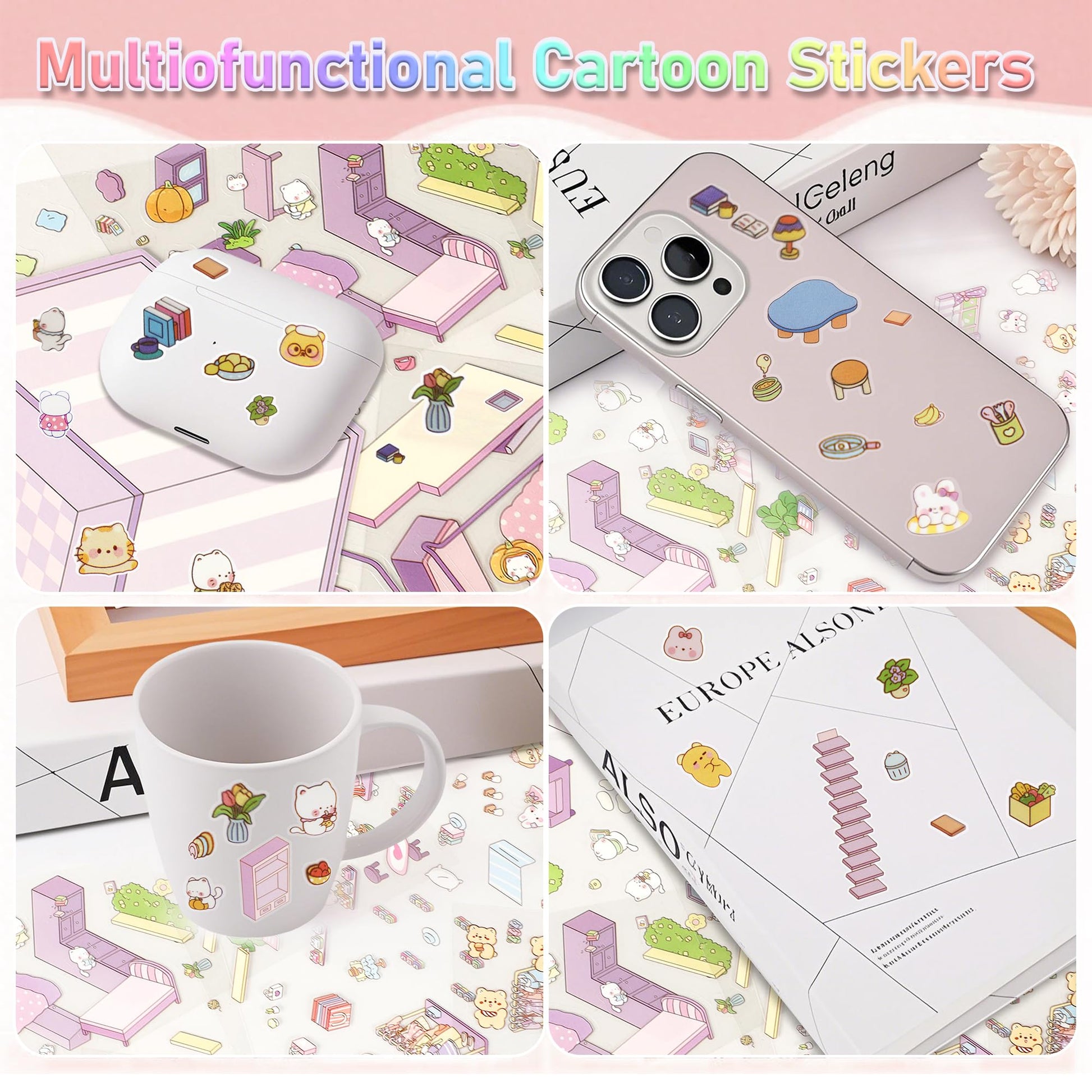 24 Sets 3D Sticker Scene, Sticker Therapy DIY, Kawaii 3D Stickers for Adults, Build Your Own Scene Stickers Collection Cozy Room Cute Miniature House