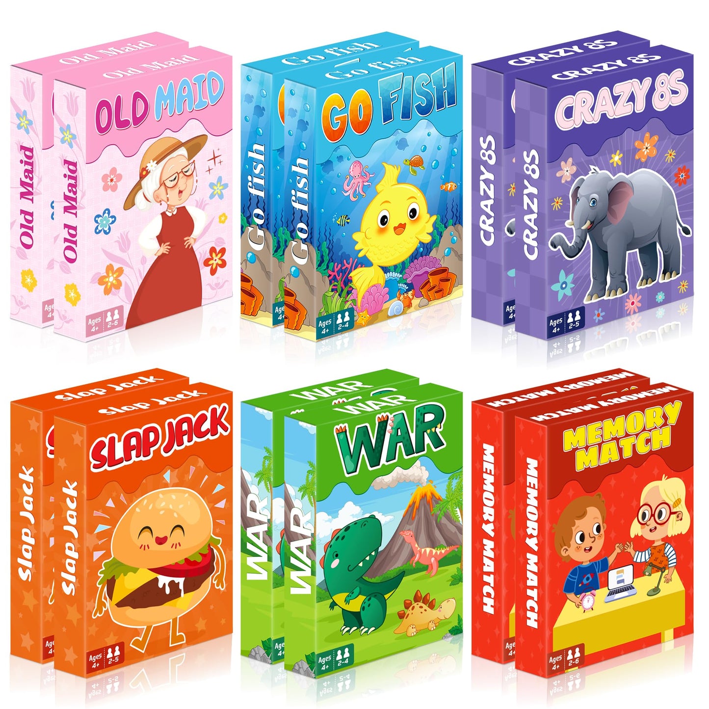 Kids Card Games, Go Fish,Old Maid,Crazy 8s,Memory Match,Slap Jack,War, Cards Game Bulk for Kids Toddlers, Fun Game for Family Game Night Table Games