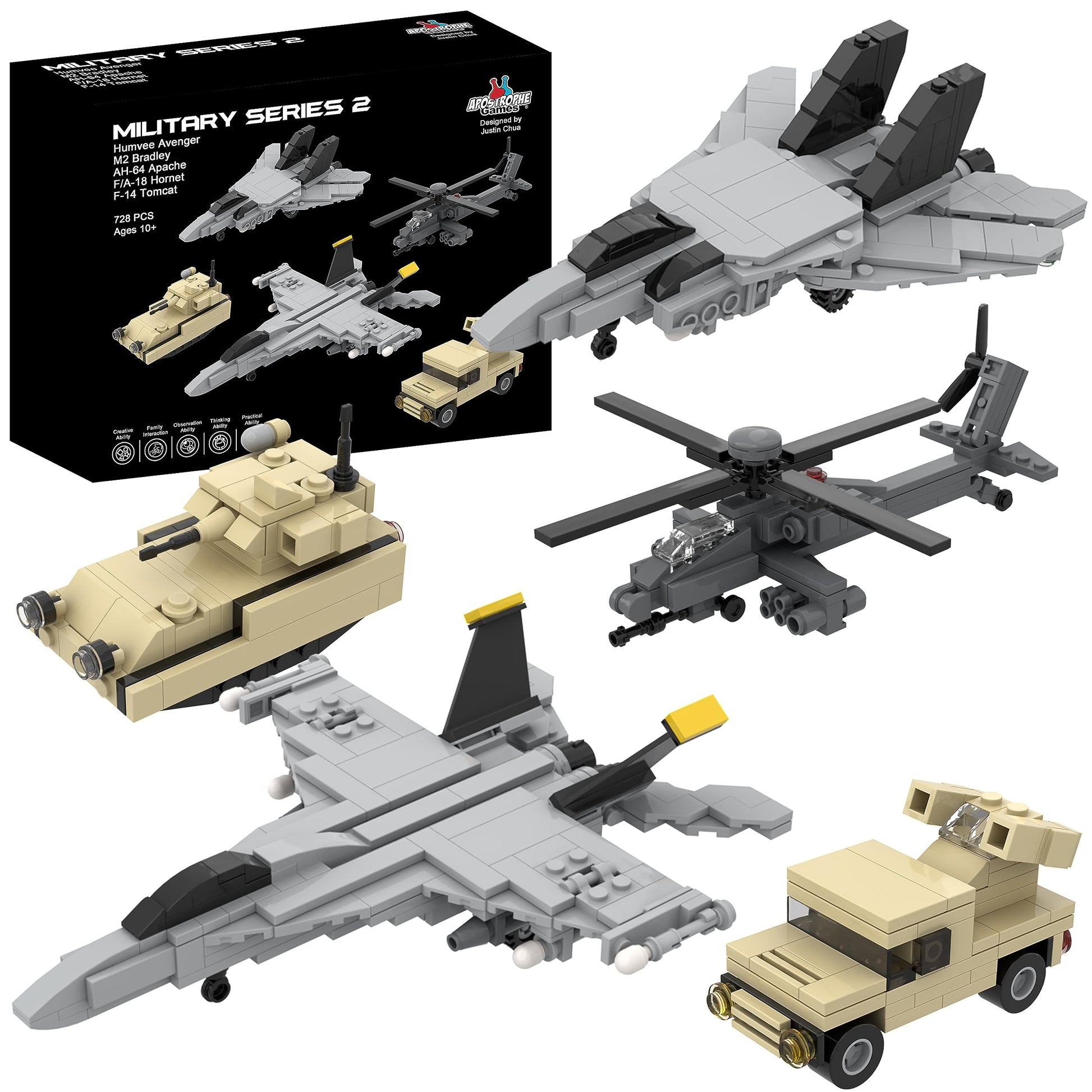 Apostrophe Games 5 Military Building Block Sets (730 Pieces) F/A-18 Hornet, F-14 Tomcat Fighter Jet, AH-64 Apache Helicopter, M2 Bradley Tank,