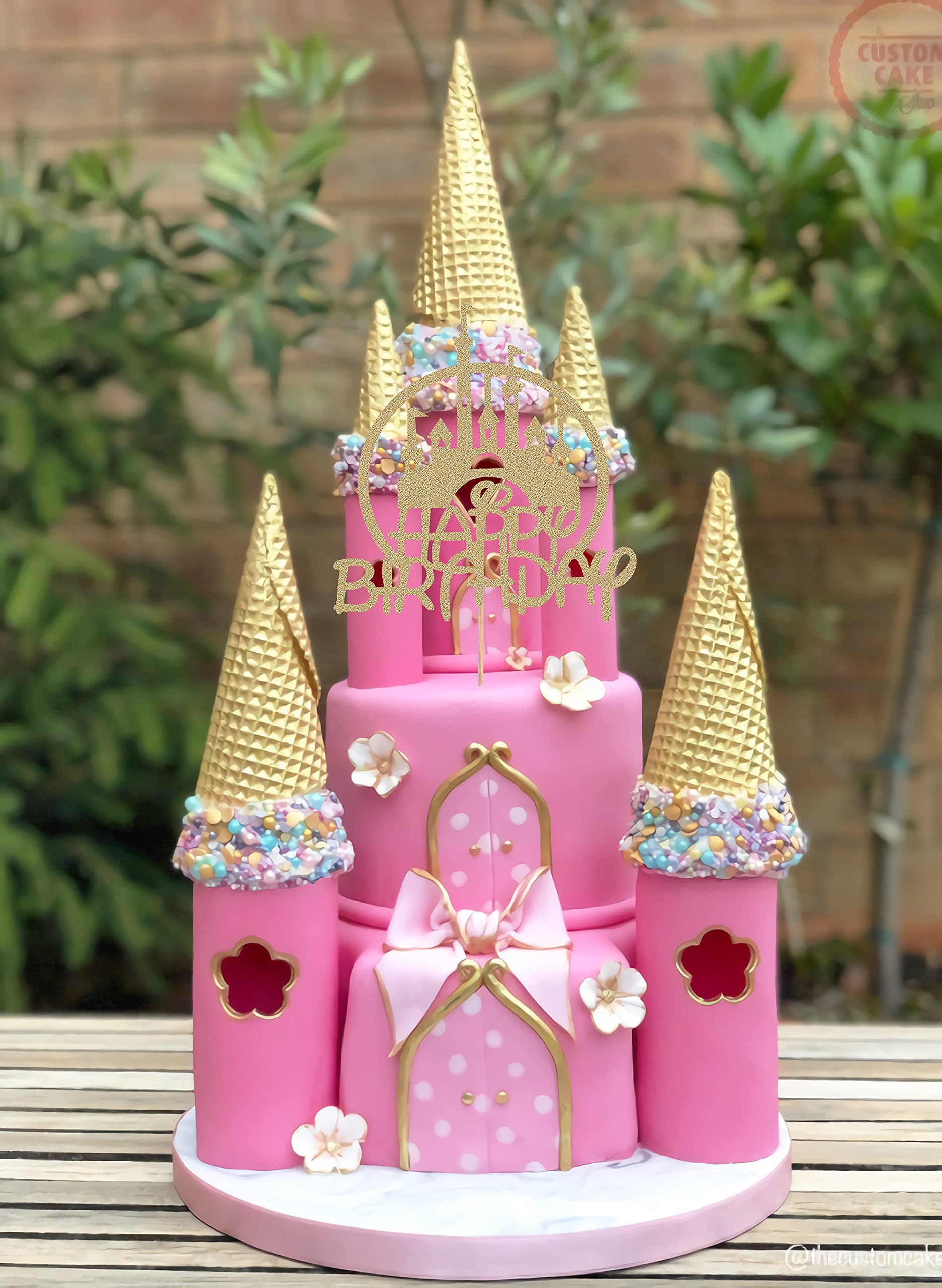 Castle Birthday Cake Topper - Gold Glitter Castle Theme Birthday Party Cake Decoration Supply - Princess Prince Happy Birthday Cake Topper Photo Prop