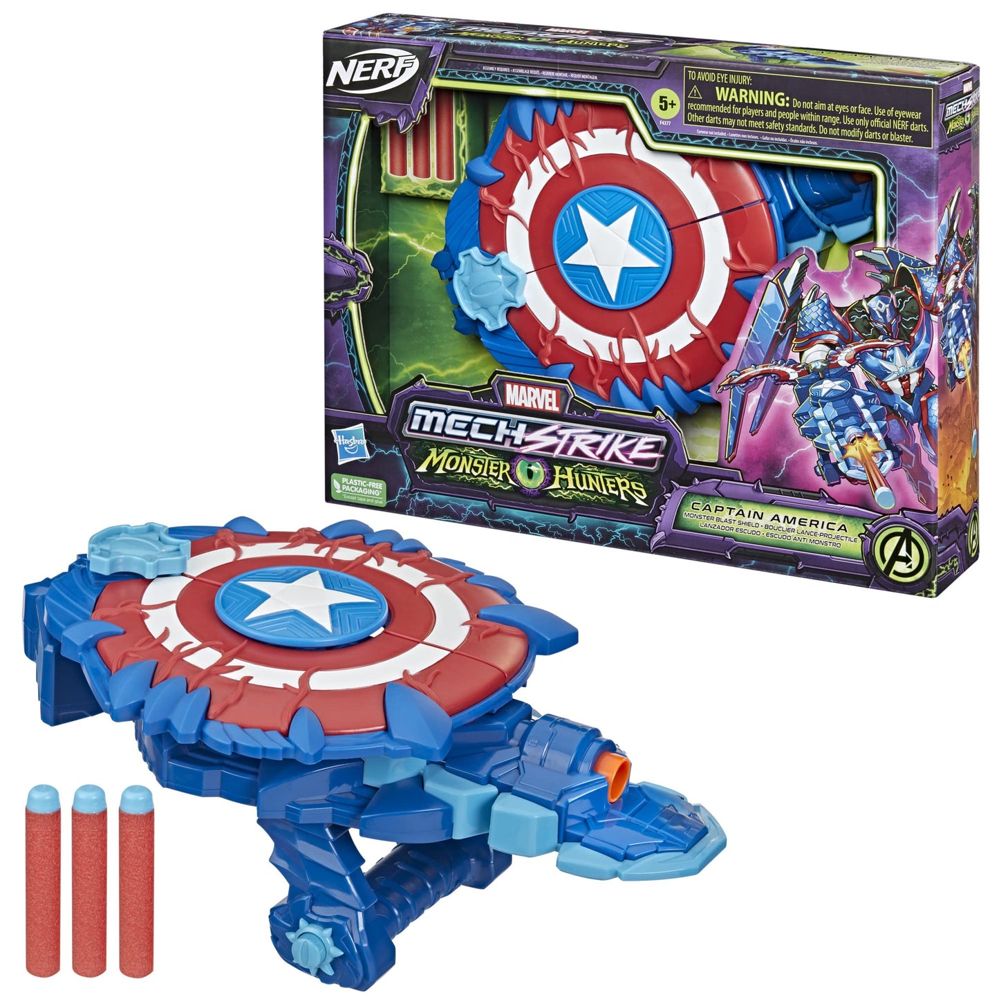 Marvel Avengers Mech Strike Monster NERF Captain America Monster Blast Shield Roleplay Toy with 3 NERF Darts, Toys for Kids Ages 5 and Up