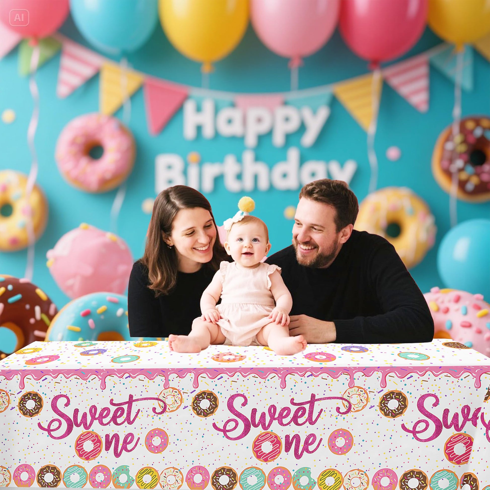 hanviync 3pcs Sweet One Donut Party Tablecloth Donut 1st Party Decorations,1 Year Old Birthday Decorations,Donut First Birthday Decorations