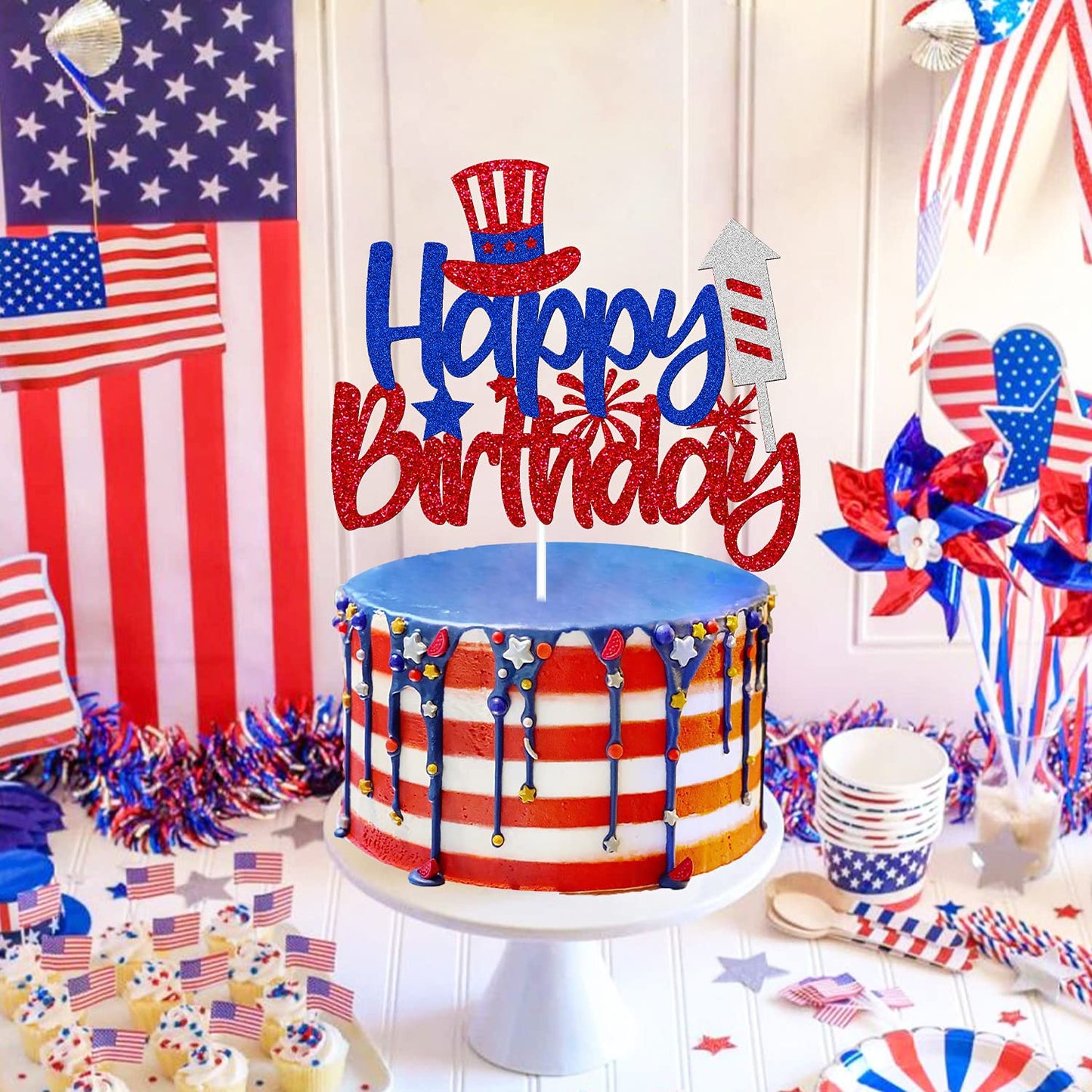 Levvcirki Independence Day Cake Topper Happy Birthday Cake Decoration for Boys Girls Red and Blue Glitter USA Patriotic Cake Decorations for Happy 4th