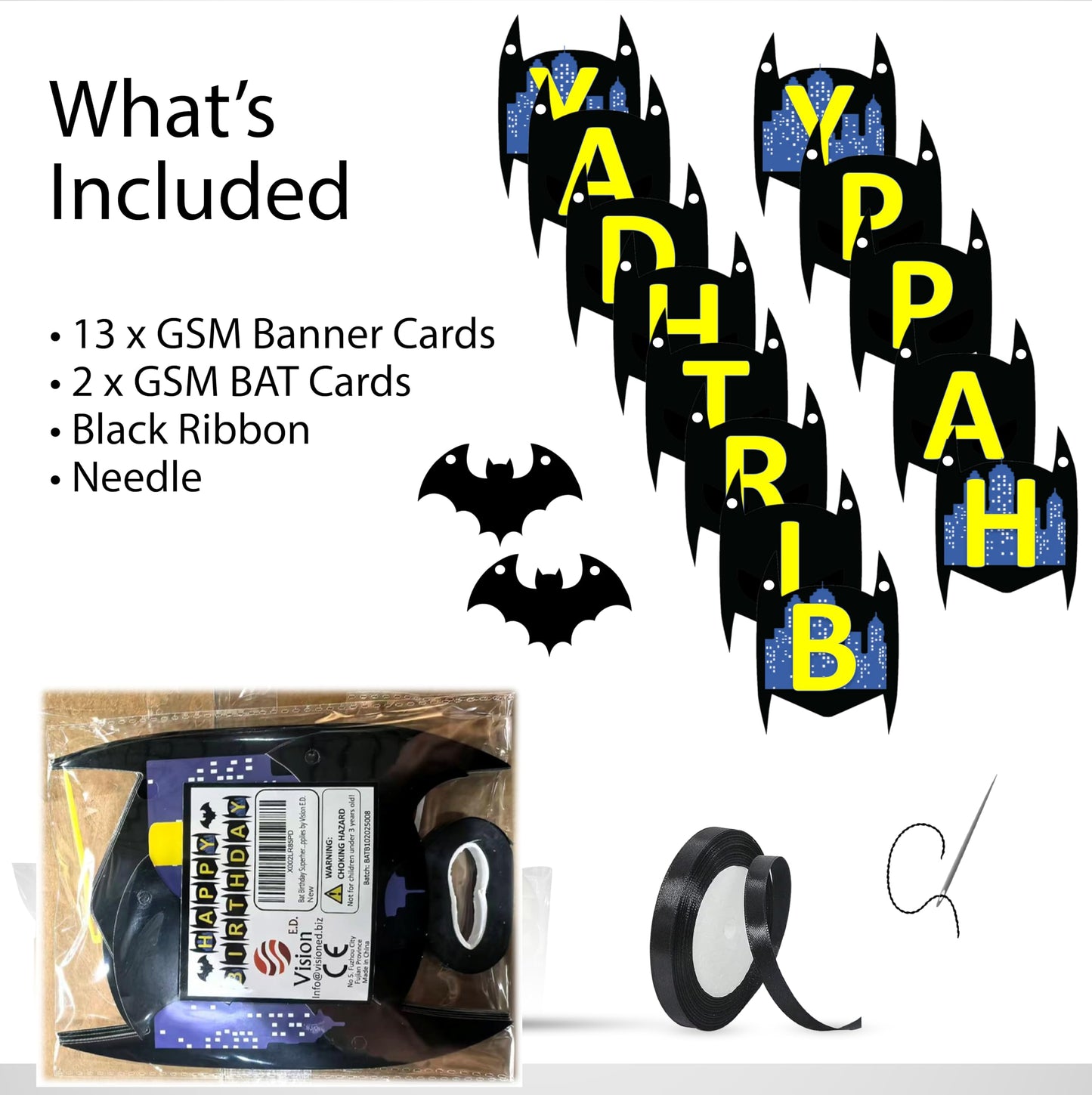 Bat Superhero Large Happy Birthday Banner 6" Party Decoration for Kids