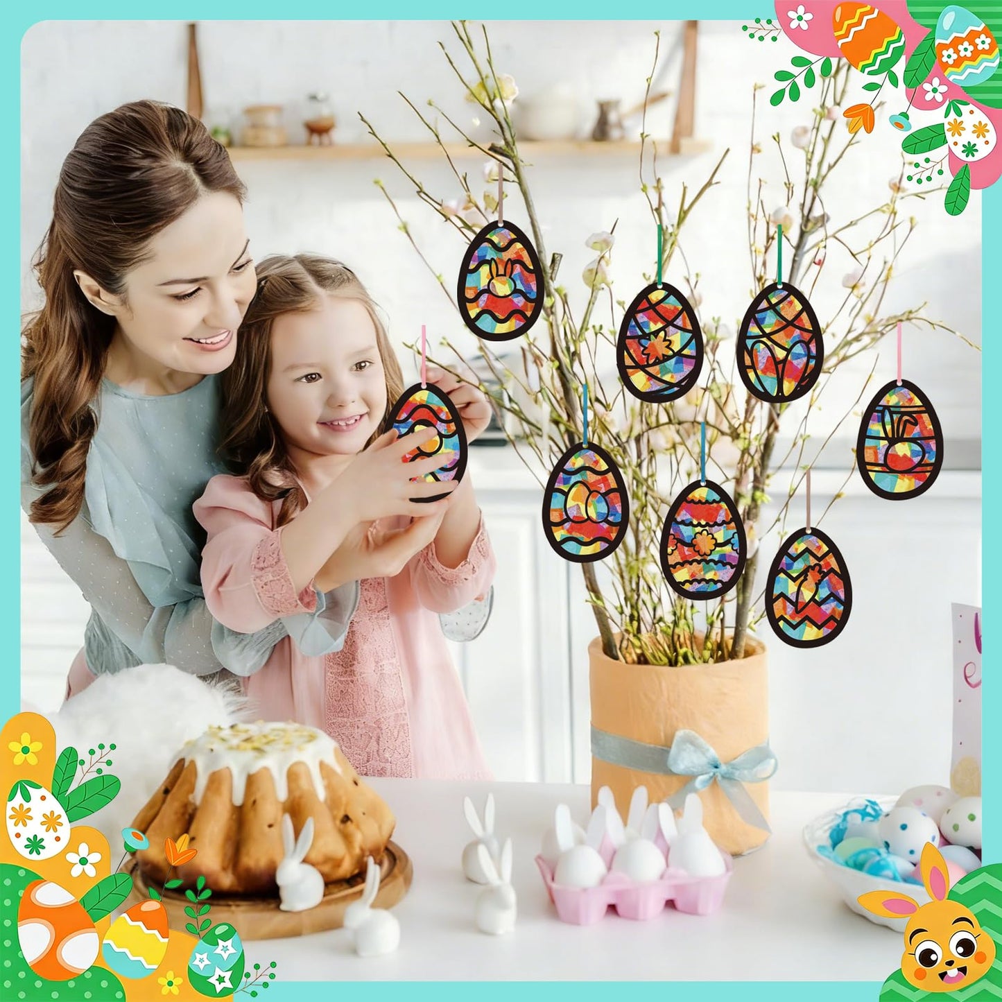 HABDJILTY 32PCS Easter Egg Crafts Kit,Paper Egg Suncatchers,Easter Tissue Paper Suncatcher Bulk Stained Glass Effect,Easter DIY Kits for Holidays