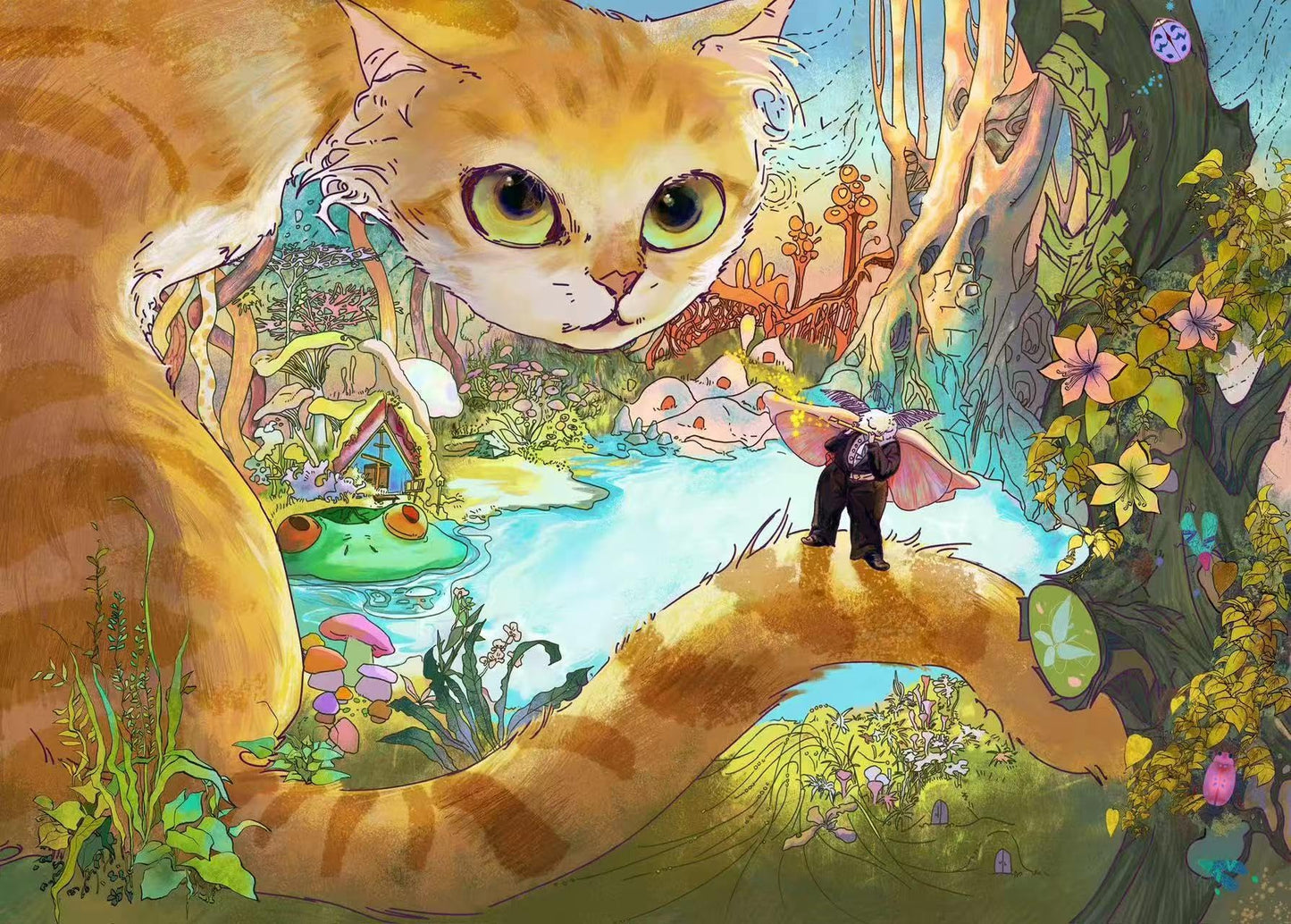 1000-Piece Fantasy Forest Cat Jigsaw Puzzle, Cats and Insects Band Puzzle for Adults Fun and Challenging Family Game Great Gift Idea, Finished Size is