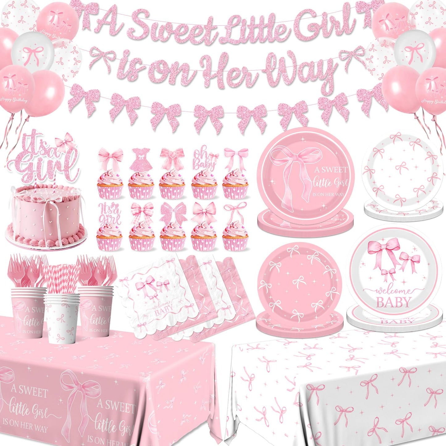 Pink Bow Baby Shower Decorations for Girl,Pink Bow Birthday Party Supplies Include Bow Plate,Napkin,Banner,Cake Topper,Balloons Welcome Baby Girl