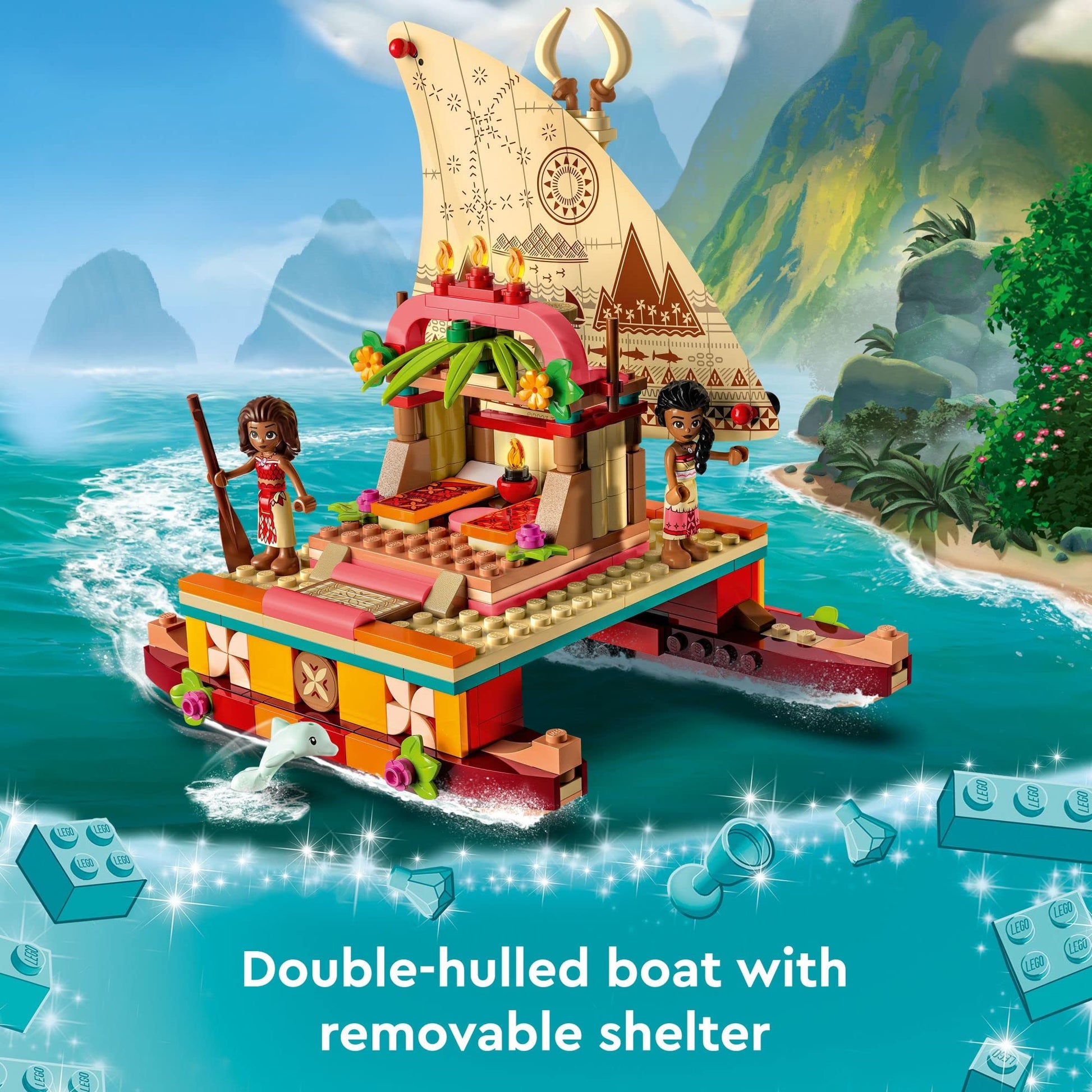 LEGO Disney Princess Moana's Wayfinding Boat Building Toy 43210 Disney Princess Toy Set with Moana and Sina Mini-Dolls, Dolphin Figure