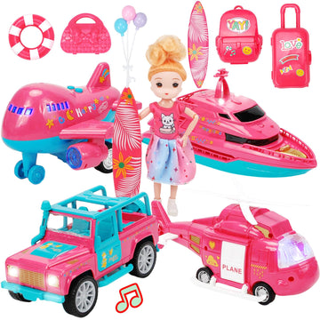 11-in-1 Pink Dream Travel Vehicles Playset Toys for Girls Age 3-6