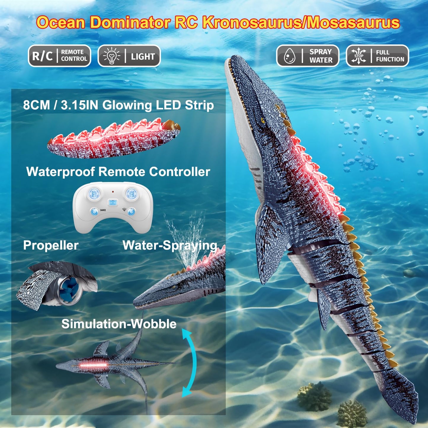MAMABOO Remote Control Mosasaurus Dinosaur Toys for Boys Kids Swimming Pool High Simulation Toys, Electric RC Sea Monster with Light & Spray Water