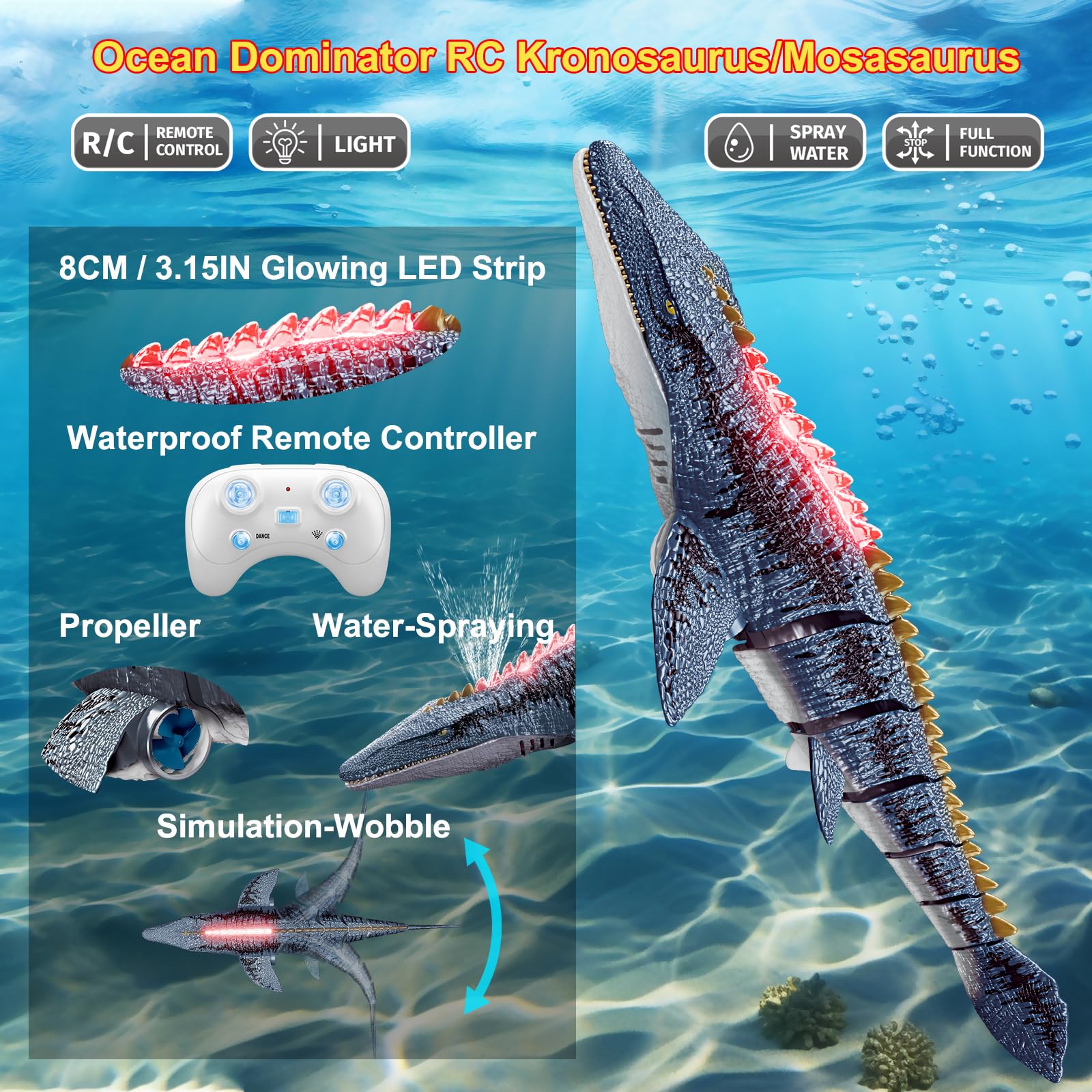 MAMABOO Remote Control Mosasaurus Dinosaur Toys for Boys Kids Swimming Pool High Simulation Toys, Electric RC Sea Monster with Light & Spray Water