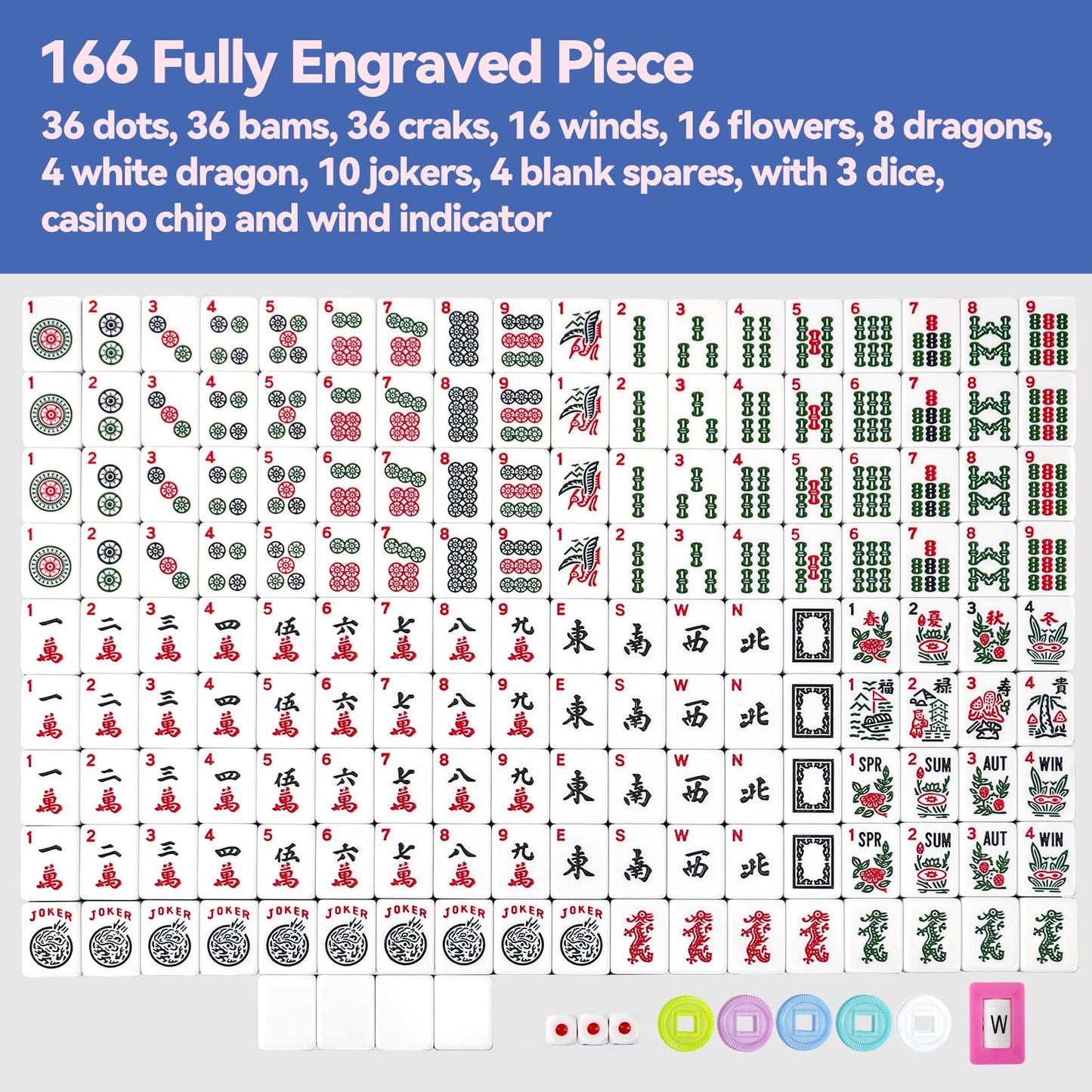 American Mahjong Game Set with Pink Carrying Bag,166 Premium White Tiles (1.2''), All-in-One Color Rack/Pushers, Chips, Wind Indicator, English