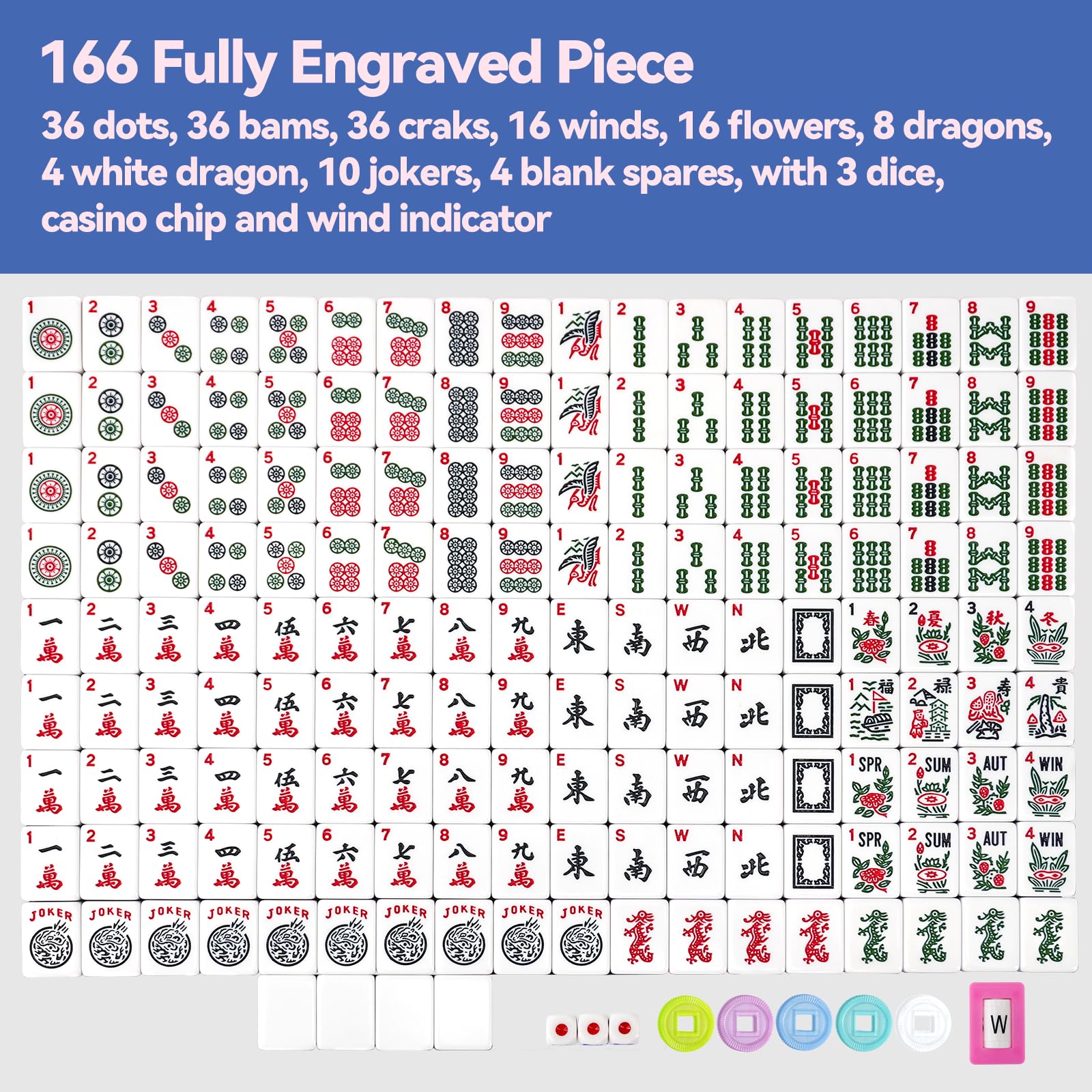 American Mahjong Game Set with Pink Carrying Bag,166 Premium White Tiles (1.2''), All-in-One Color Rack/Pushers, Chips, Wind Indicator, English