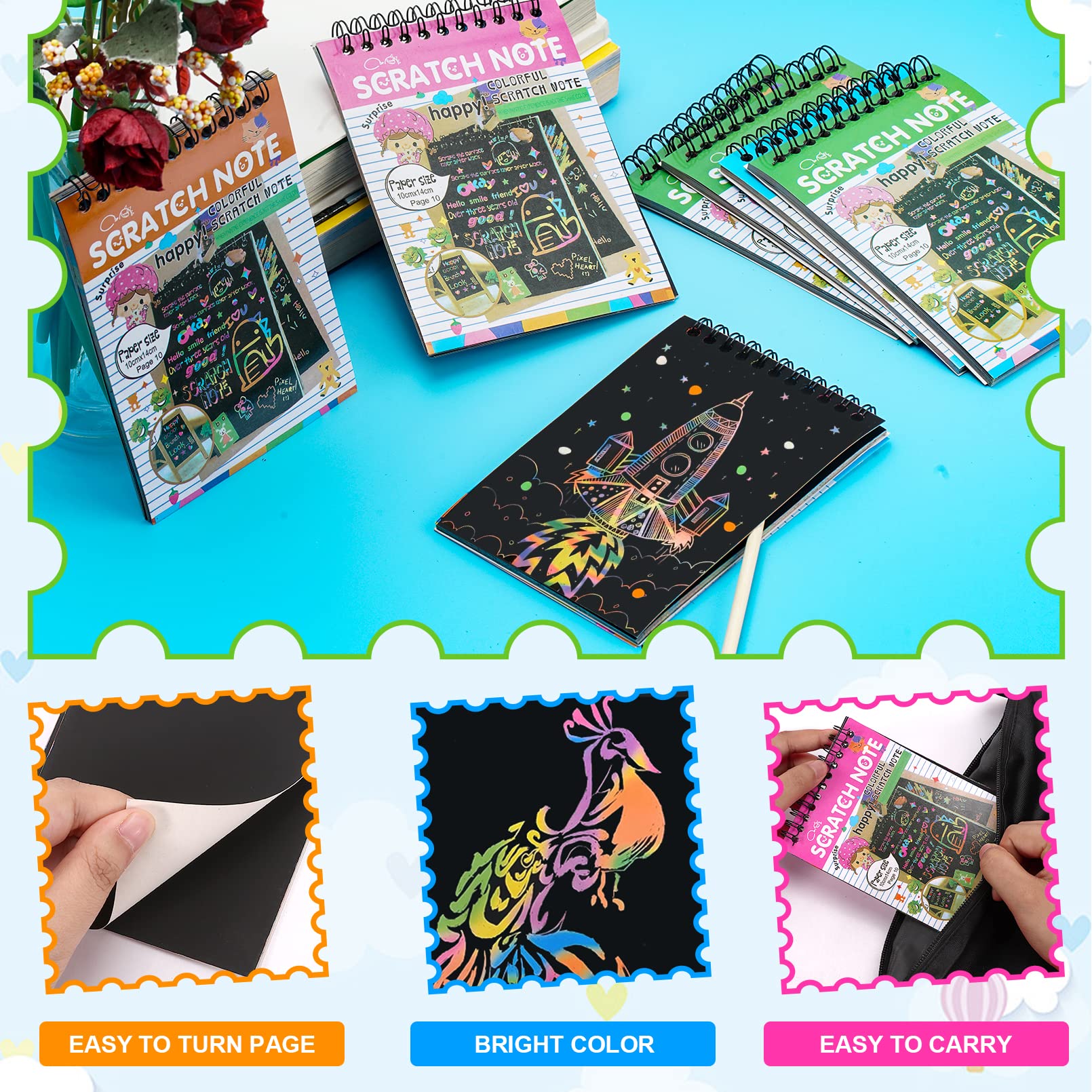Blcculi 10 Pack Rainbow Scratch Notebooks,Scratch Note Pads,Rainbow Scratch Notes with Wooden Stylus,Scratch Art for Party Favors Arts and Crafts