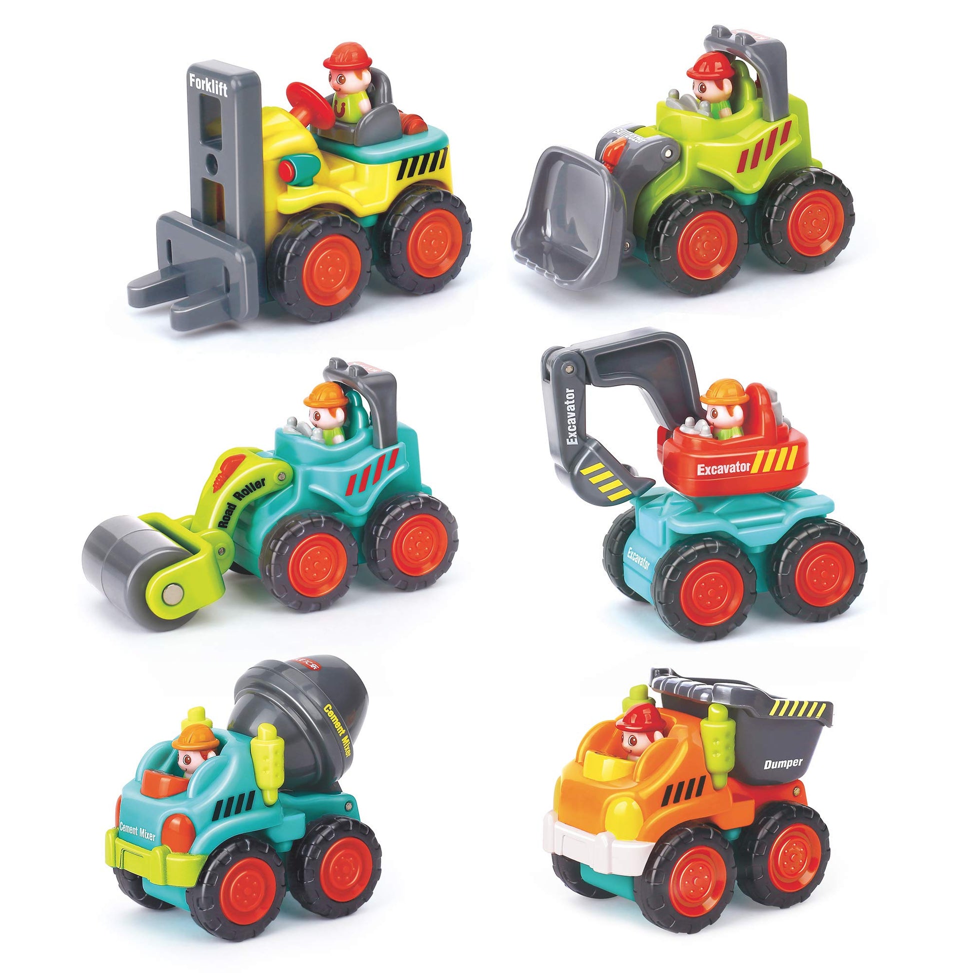 6 Pieces Construction Vehicles Toy Trucks Set - Bulldozer, Cement Mixer, Dumper, Forklift, Excavator and Road Roller for Your Little Contractor - Push