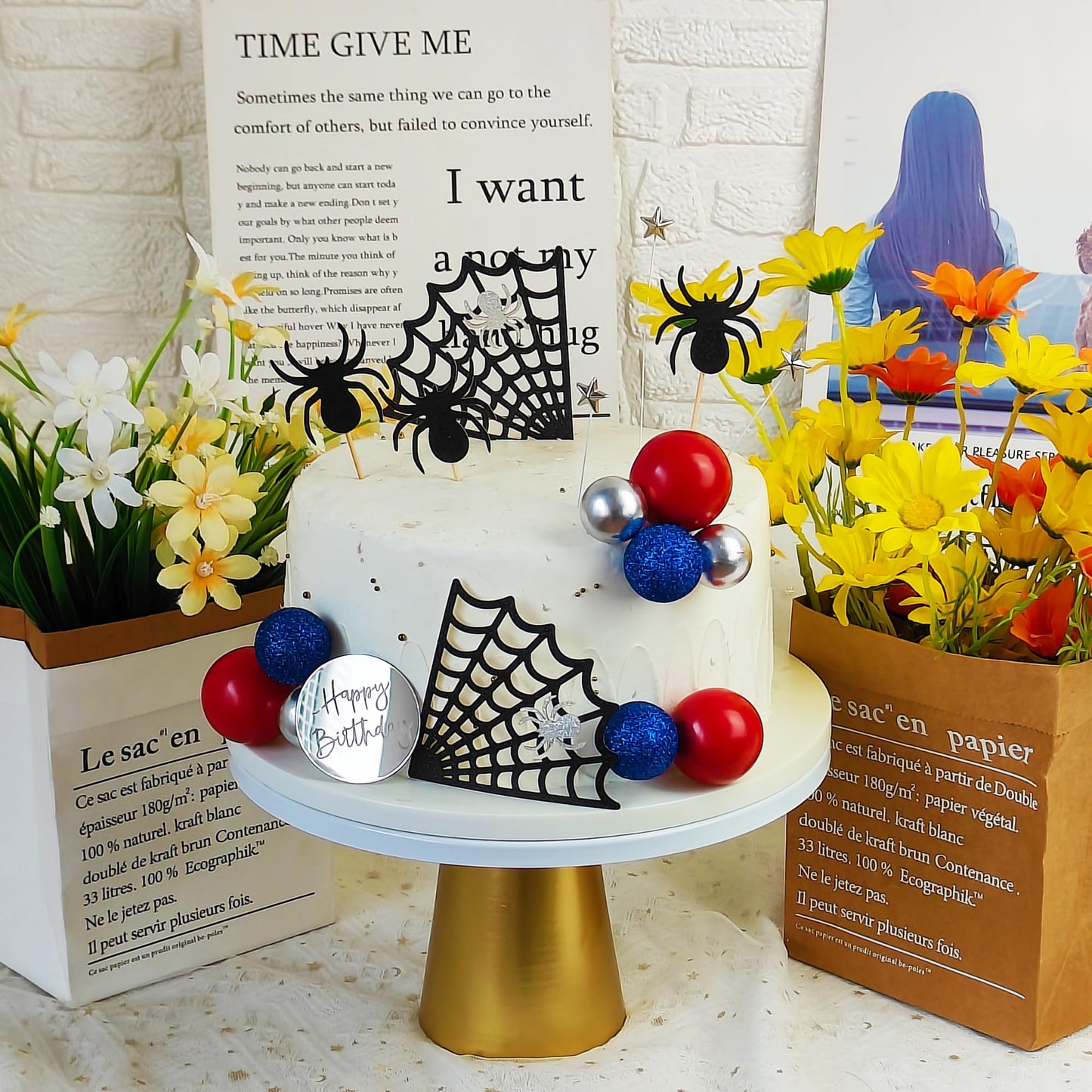 Spider Cake Topper with Spider Web Balls Stars for Spider Theme Birthday Supplies (Spider)