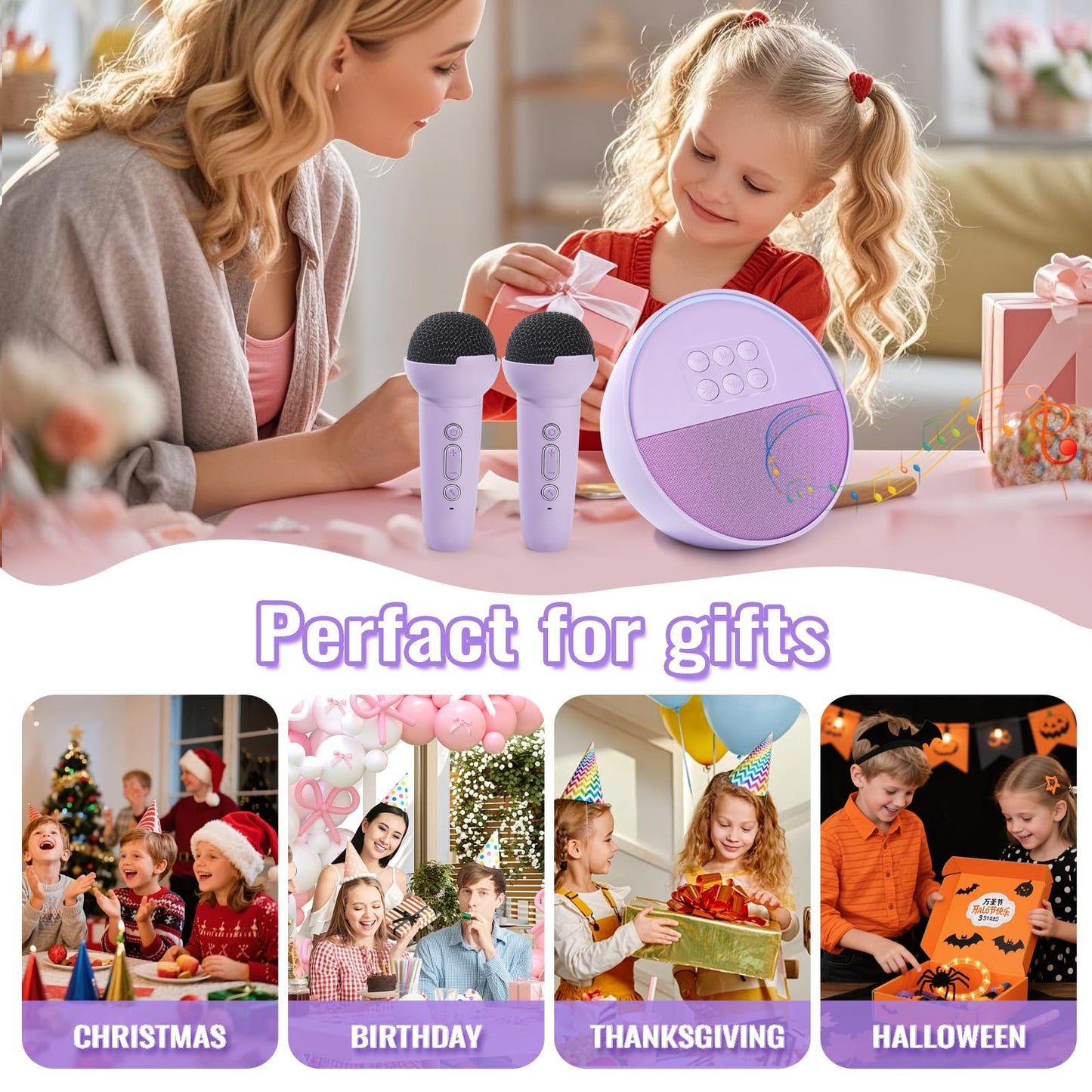 Mini Karaoke Machine for Kids, Portable Bluetooth Speaker with 2 Wireless Microphones, Birthday Gifts Toys for Girls Ages 3, 4, 5, 6, 7, 8, 9, 10+