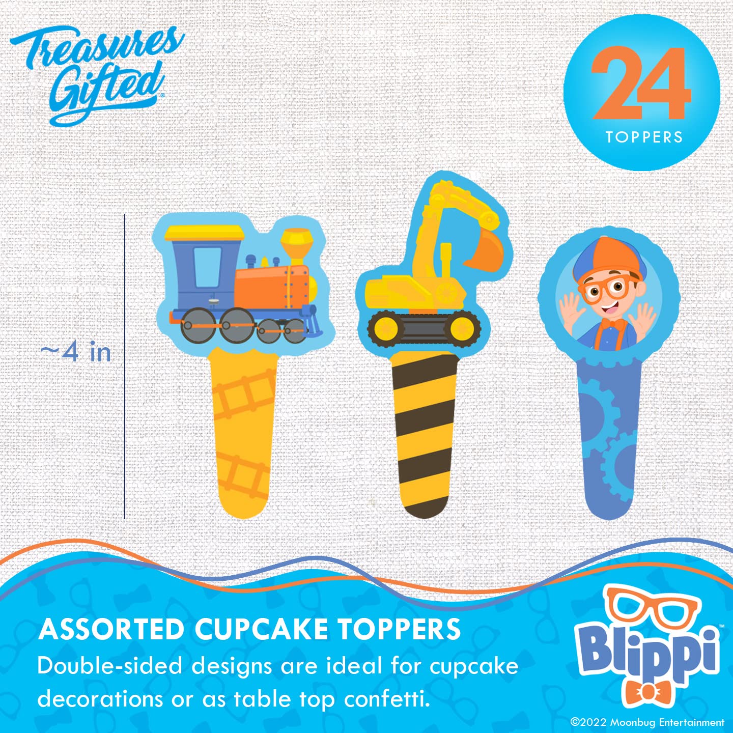 Treasures Gifted Officially Licensed Blippi Birthday Decorations Vehicle - Cake Topper Set - 1 Blippi Cake Topper & 24 Cupcake Toppers & Wrappers