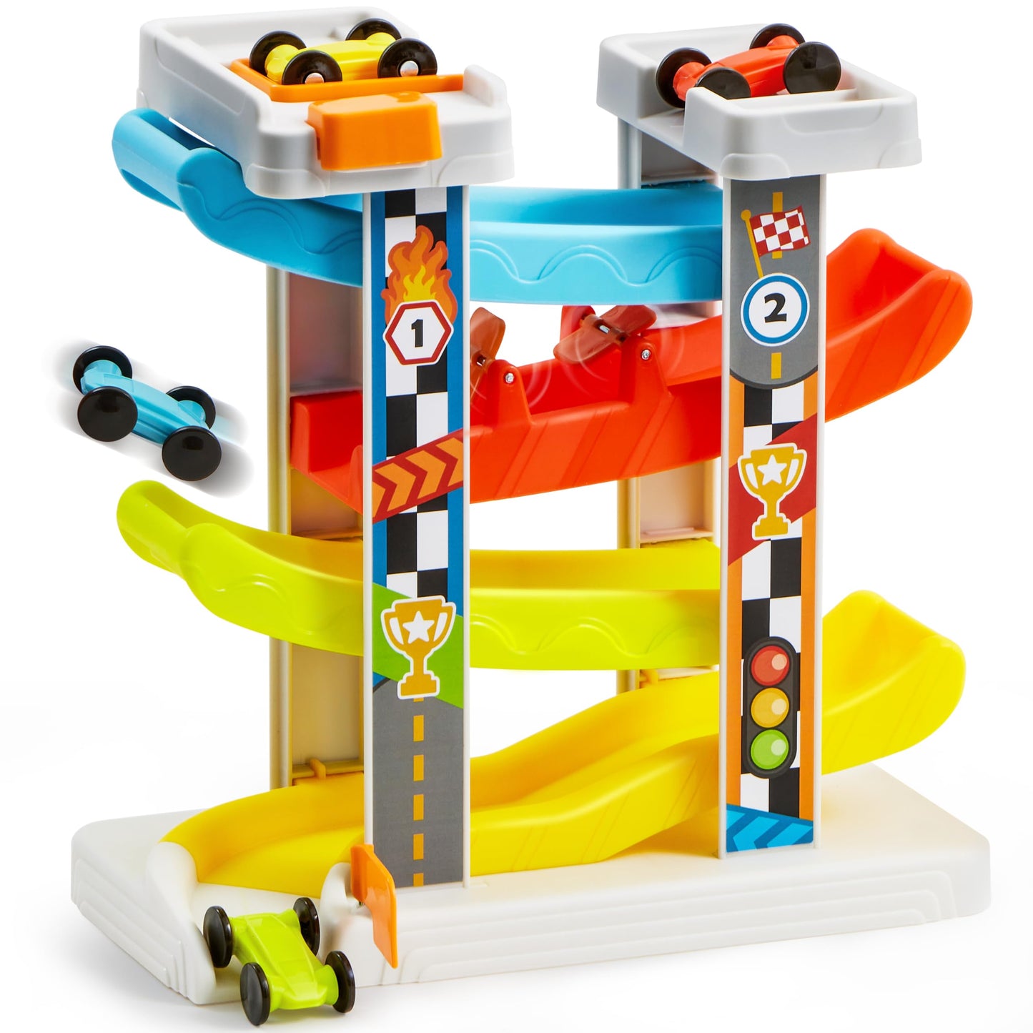 lalalark Toddler Toys for 18M+ Boy and Girls, Race Track Car Ramp Toy with 4 Cars and Multiple Parking Spaces, Birthday Gifts for Baby Toddler Kids