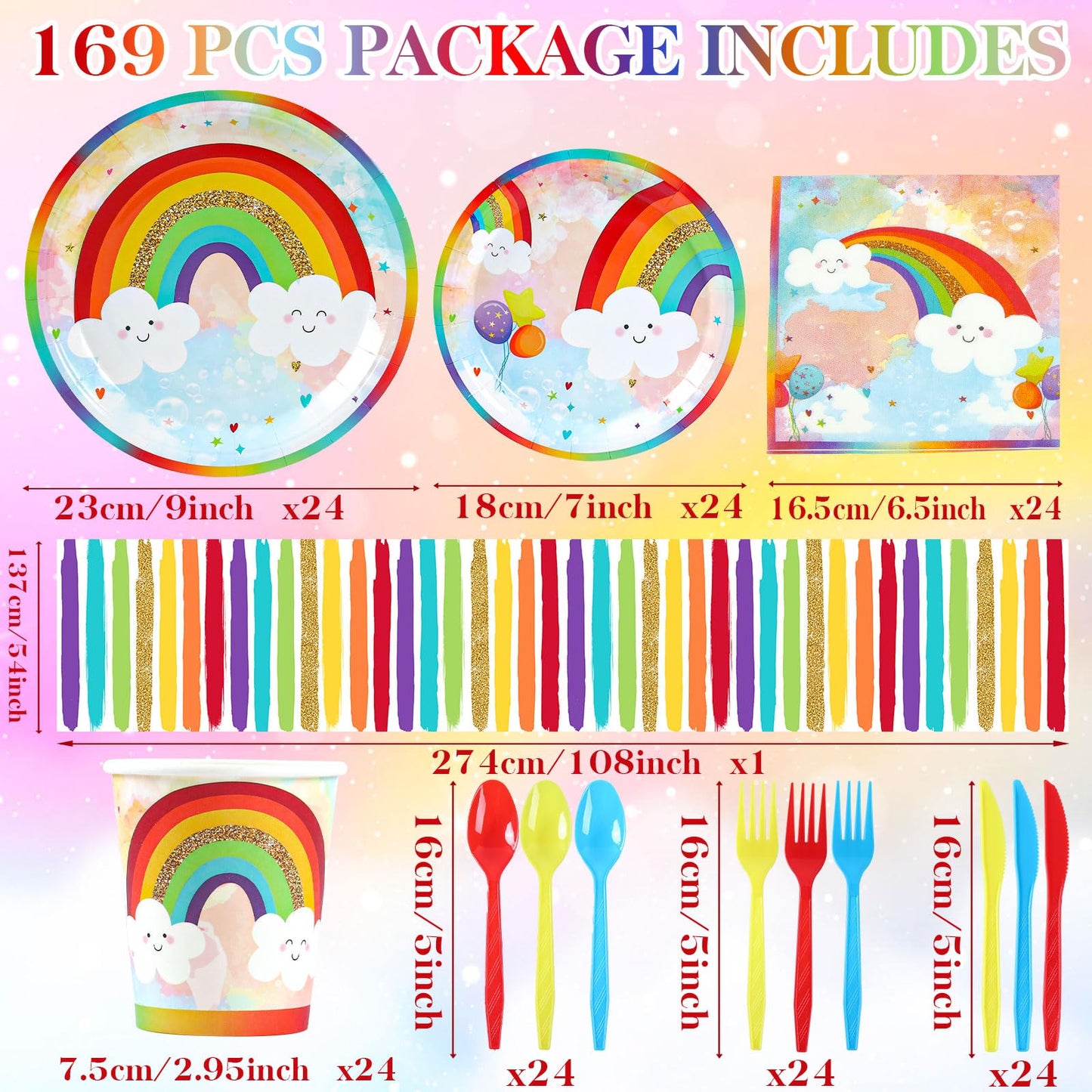 Rainbow Party Supplies, Happy Birthday Decorations for Girls & Boys -169pcs Rainbow Party Tableware Set Include 9" and 7" Party Plates and Napkins