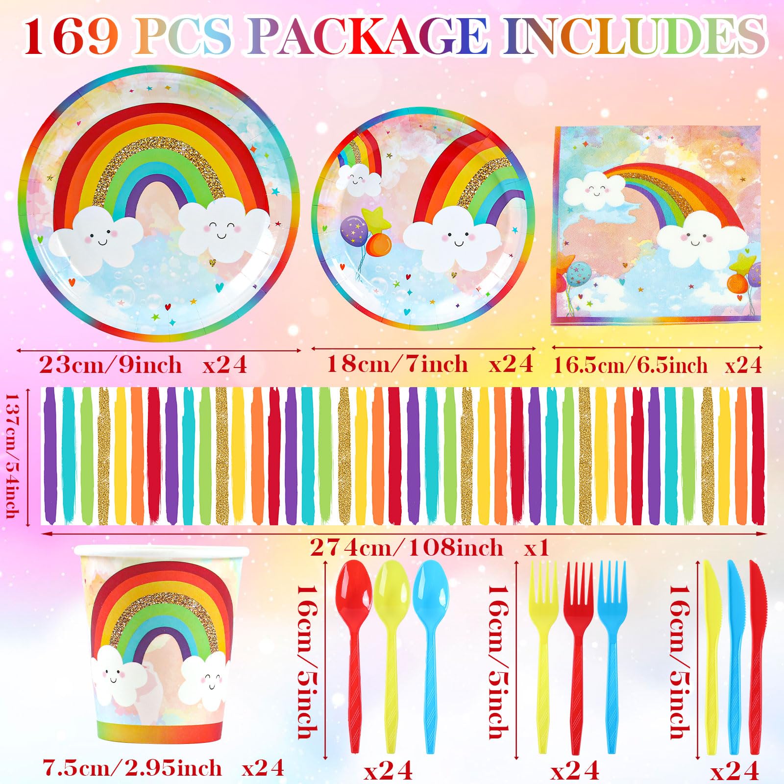 Rainbow Party Supplies, Happy Birthday Decorations for Girls & Boys -169pcs Rainbow Party Tableware Set Include 9" and 7" Party Plates and Napkins
