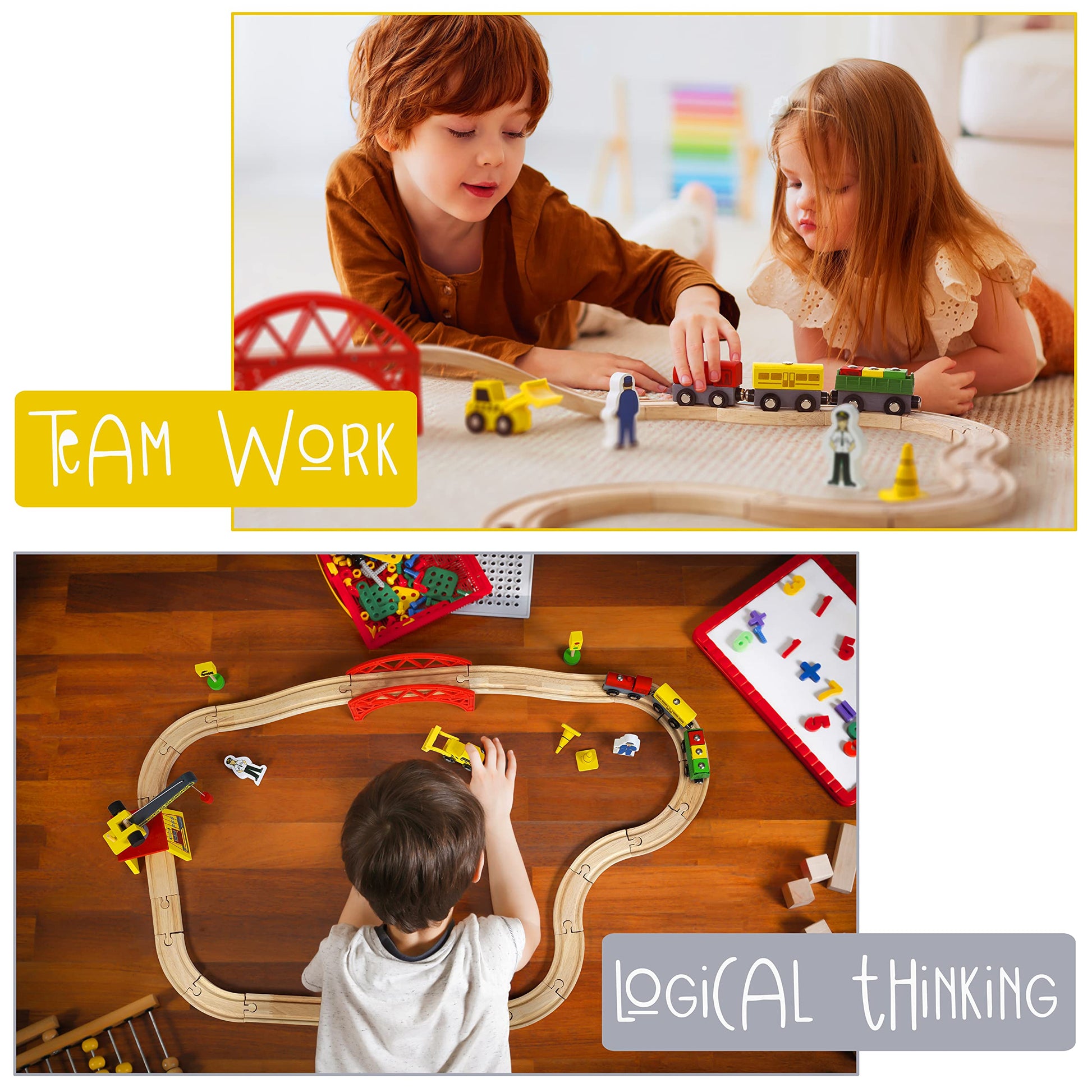 KipiPol Wooden Train Sets for Boys 2-4-7 - 38 Pcs Wood Train Set for Toddlers w/Crane, Bridge & Wooden Train Tracks - Train Toys for 3 Year Old Boys