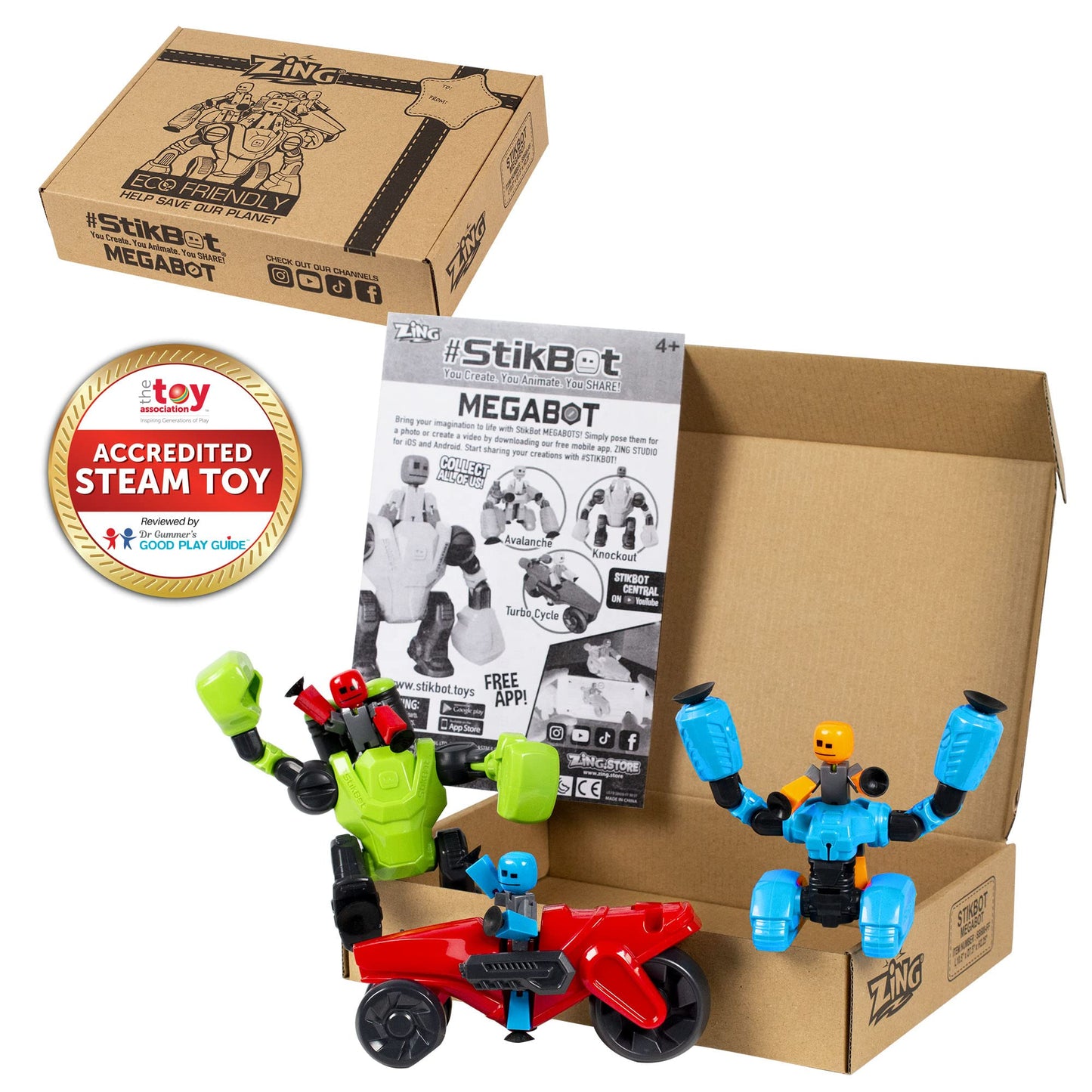 StikBot Zing Megabots 3 Pack, Complete Set of 3 Poseable Action Figures and Mega Vehicles, Turbo Cycle, Knockout and Avalanche