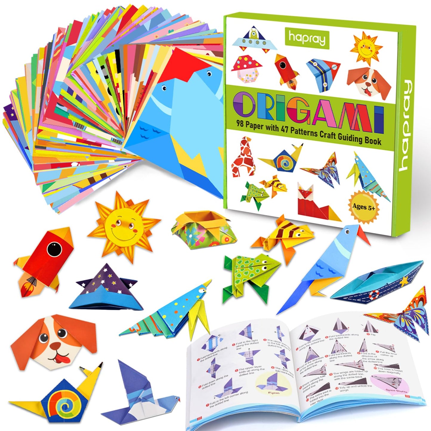 hapray Origami Kit for Kids Ages 5-8 8-12, with Guiding Book, 98 Sheets Paper with 47 Patterns, DIY Art and Craft Projects, Beginners Children's Day