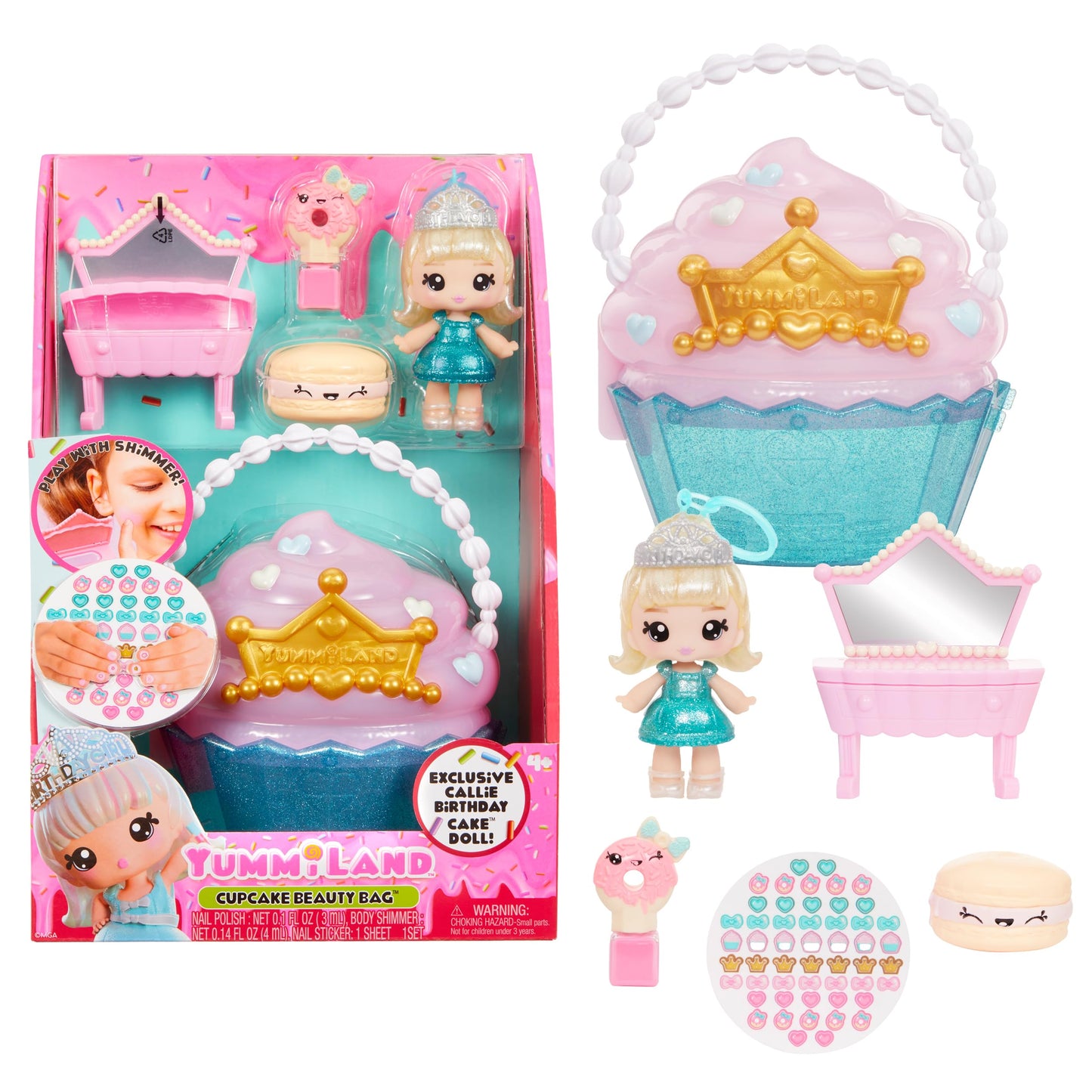 Yummiland Beauty Bag Playset + Lip Gloss Doll - Cupcake Bag Includes Exclusive Callie Birthday Cake, Nail Polish + Nail Stickers, Body Shimmer, Doll