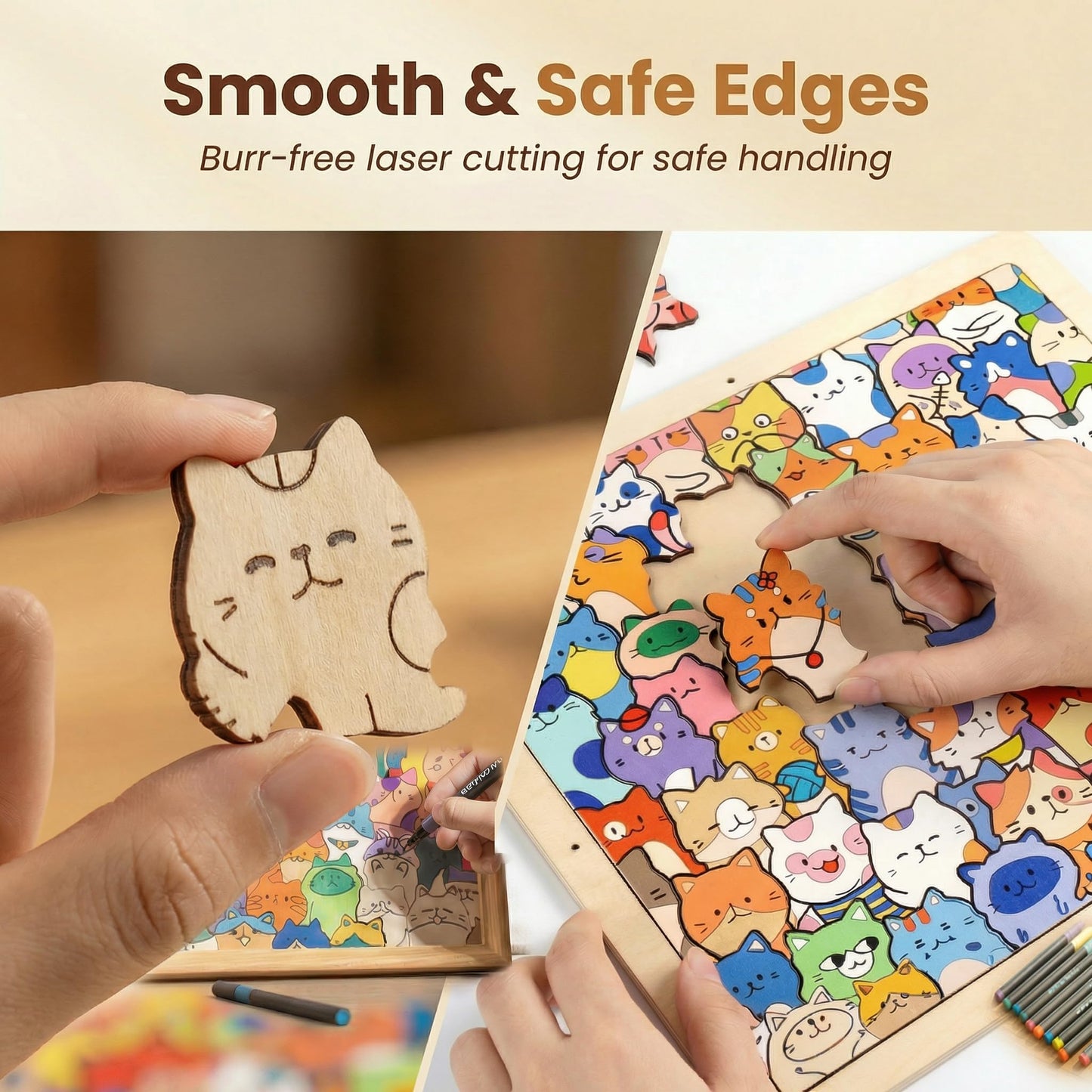 DIY Wooden Cat Puzzle Frame, 75 Colorable Puzzle Pieces, Comes with 12 Coloring Pens, Creative Art Craft Set, Suitable for Adults, Unique Handmade