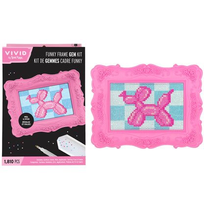 Vivid by Brea Reese: Funky Frame Gem Kit - Balloon Dog - Peel & Stick, Carnival Animal-Blue Checker Scene, 8x6 Pink Frame, Sorting Tray, Adult Craft