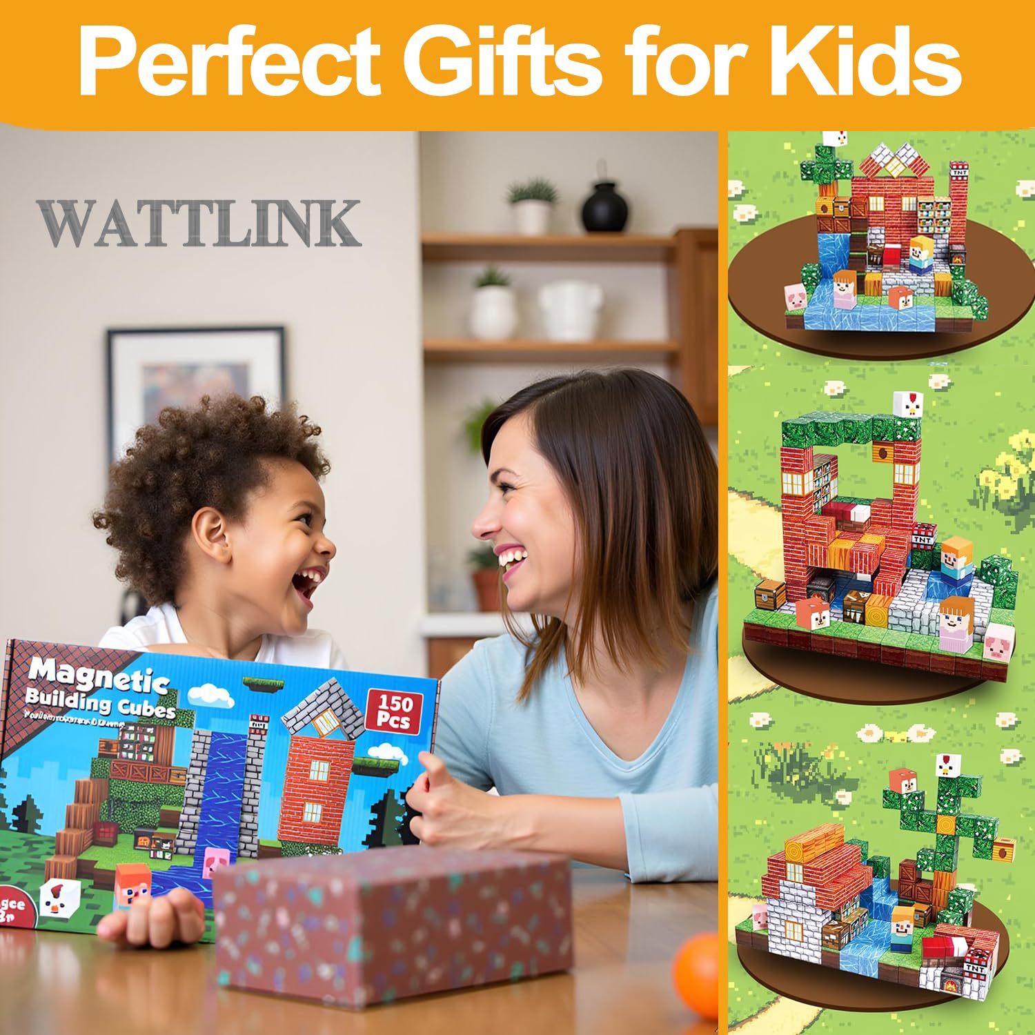 Wattlink Magnetic Building Blocks Set, 150 Pieces Educational Construction Cubes with Magnets, 3D Building Toys for Ages 3+, Compatible with Multiple