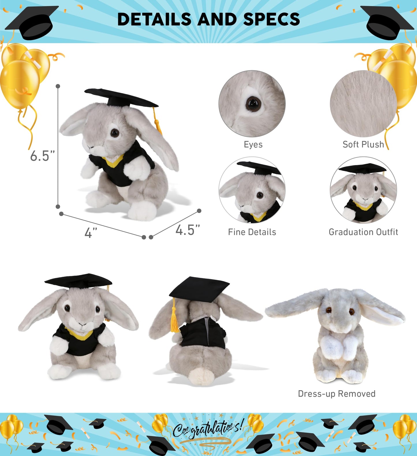 DolliBu Grey Rabbit Graduation Plush Toy - Soft Huggable Graduation Stuffed Animal Dress Up with Gown and Cap with Tassel Outfit with Personalization