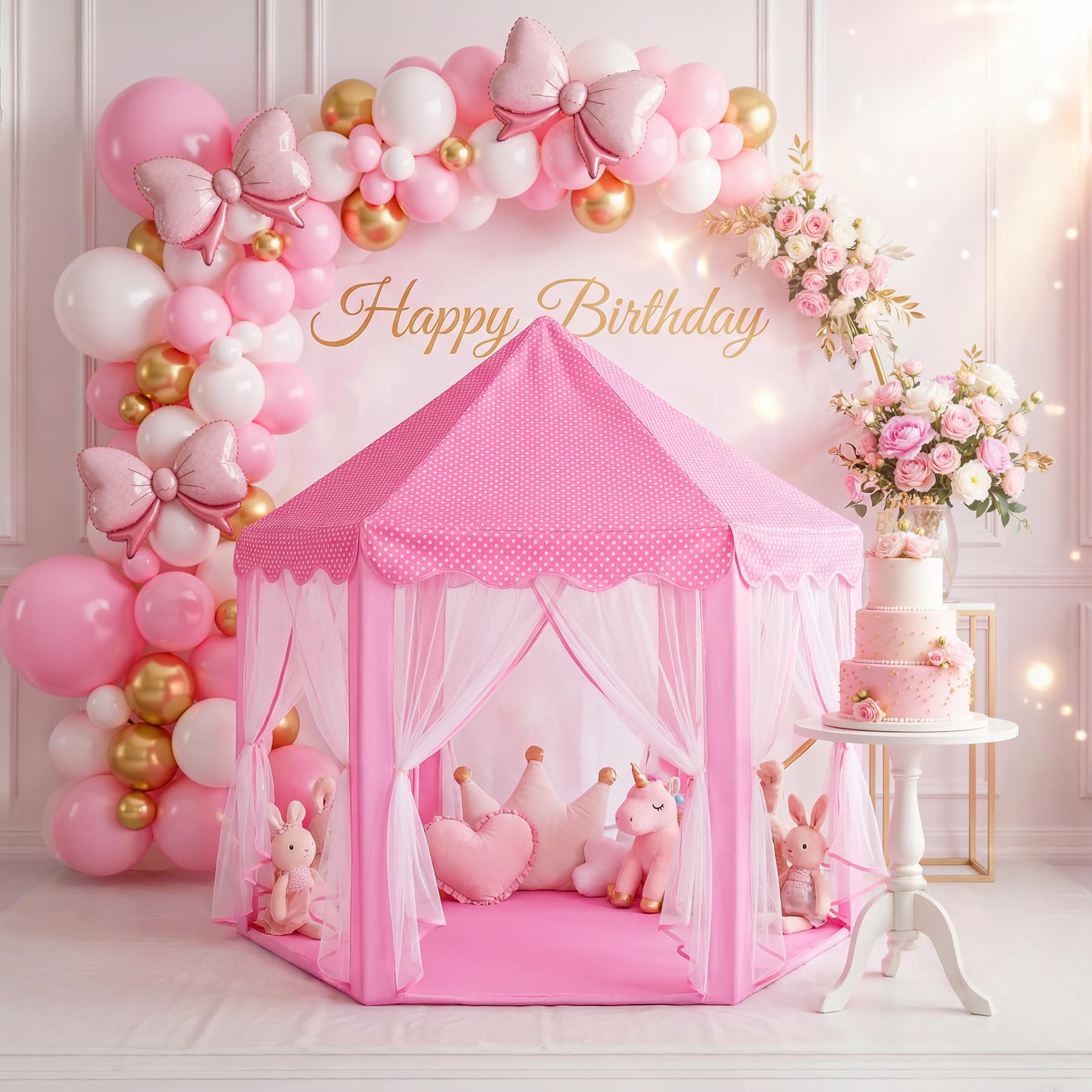 wilwolfer Princess Castle Play Tent for Girls Large Kids Play Tents Hexagon Playhouse with Star Lights Toys for Children Indoor Games (Pink)