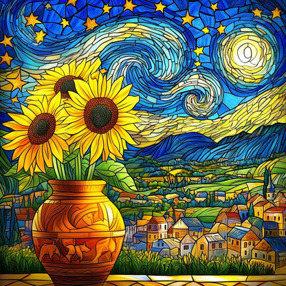 Starry Night Puzzle 1000 Pieces-Moonlit Night, Sunflower Puzzles for Adults 1000 Pieces, Impossible Stained Glass Puzzles for Seniors Family