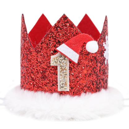 DSAANE Santa 1st Birthday Crown - Christmas Theme Party Decorations, Red Glitter Crown, Little Santa Smash Cake Hat
