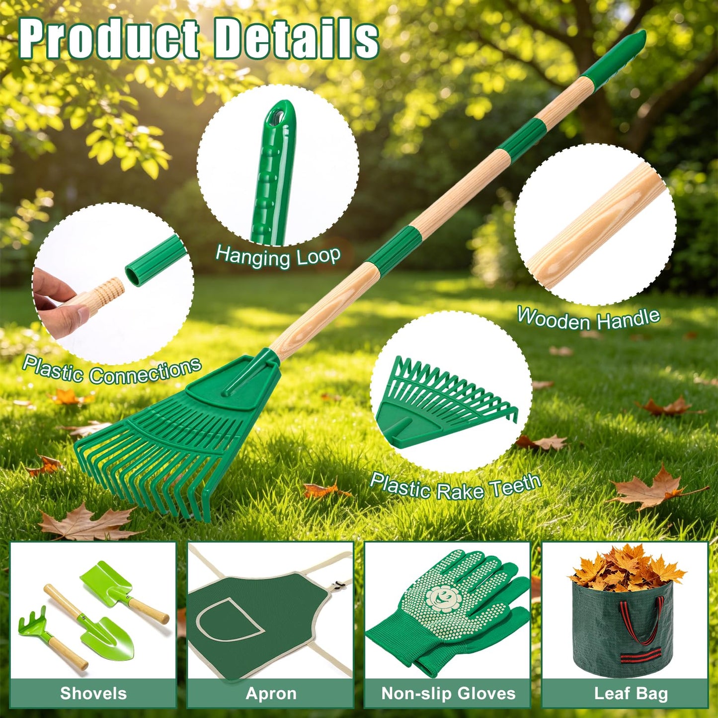 HLWDFLZ 10Pcs Kids Adjustable Garden Leaf Rake Set, with Bag & 3 Hand Tools