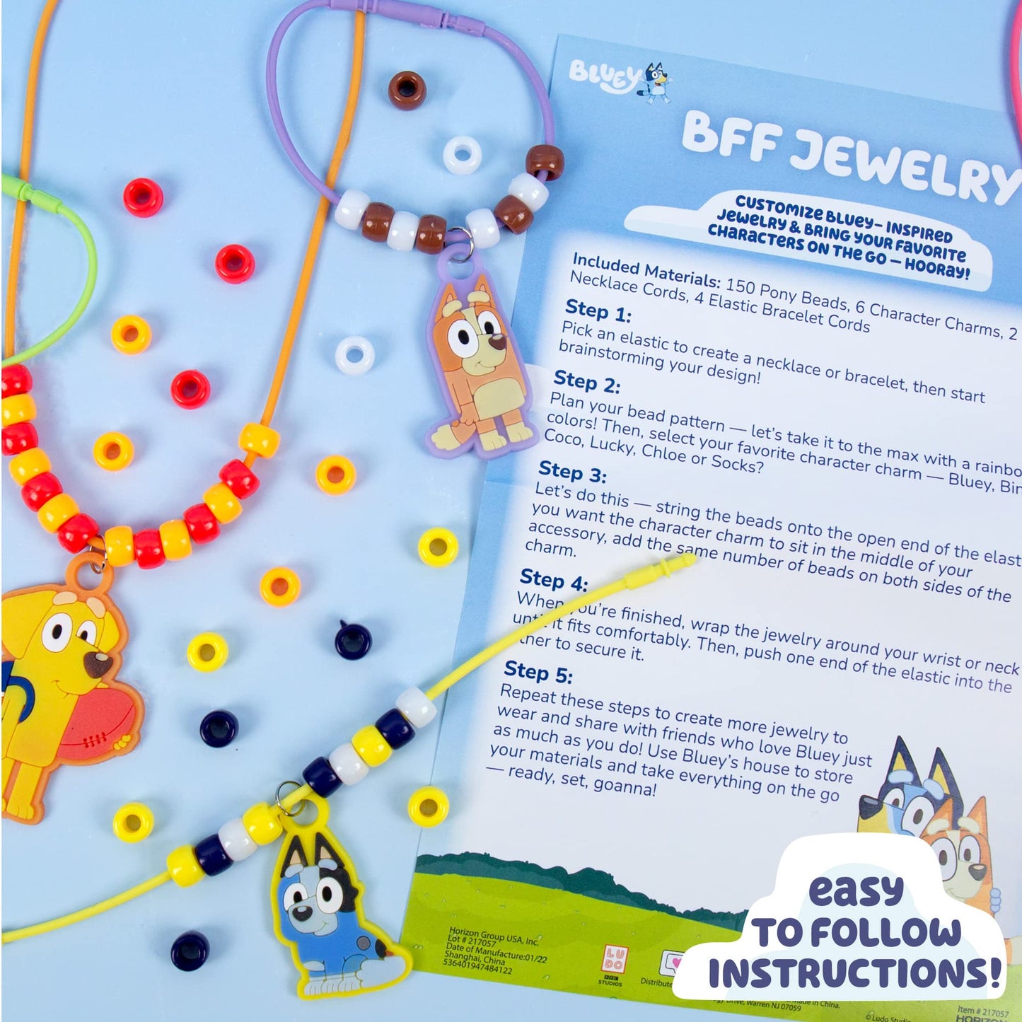 Bluey Friendship Jewelry, Create 4 Charm Bracelets & 2 Charm Necklaces, Includes 150 Beads & 6 Rubber Charms with Storage Case, Gifts for Kids Boys