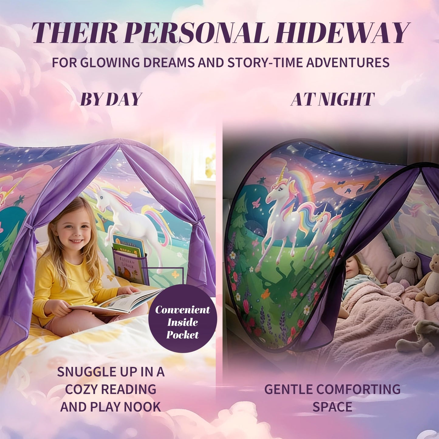 Dream Tents Twin Bed Tent for Kids, Unicorn Glow-in-the-Dark Pop Up Canopy